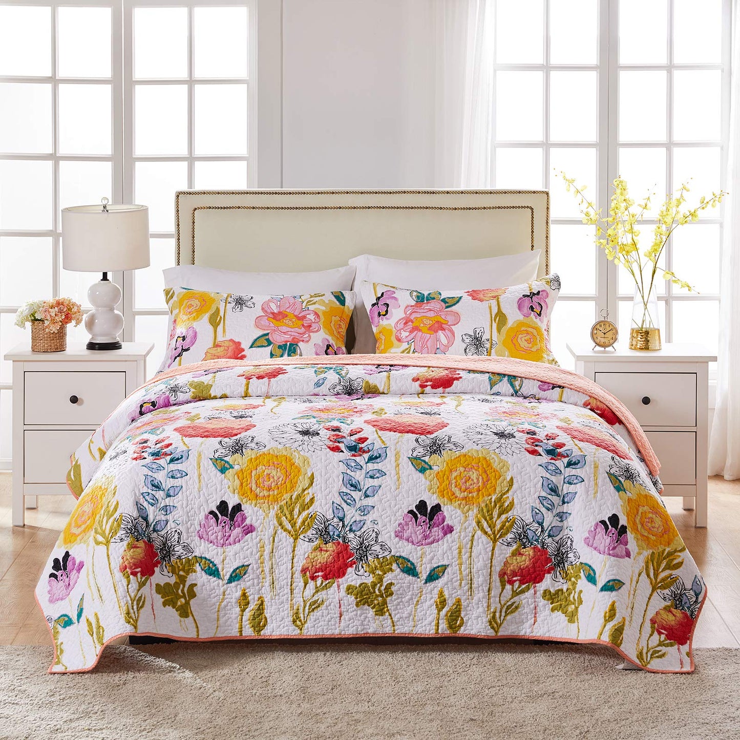 Greenland Home - GL-1408AMSQ Watercolor Dream Quilt Set, 3-Piece Full/Queen, White