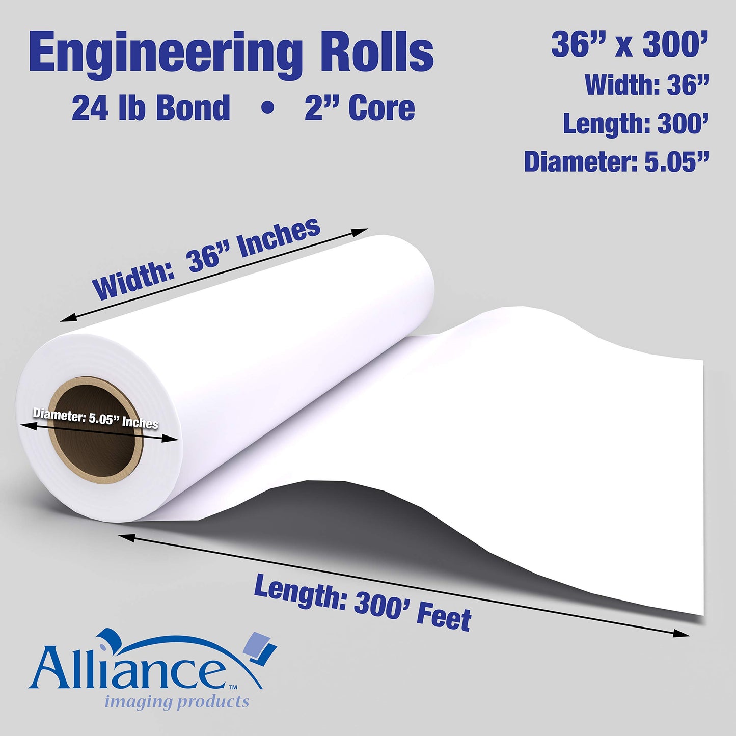 Alliance Wide Format Paper CAD Bond Rolls (20lb | 2 Rolls, 36 In x 300 Ft | 3" Core)