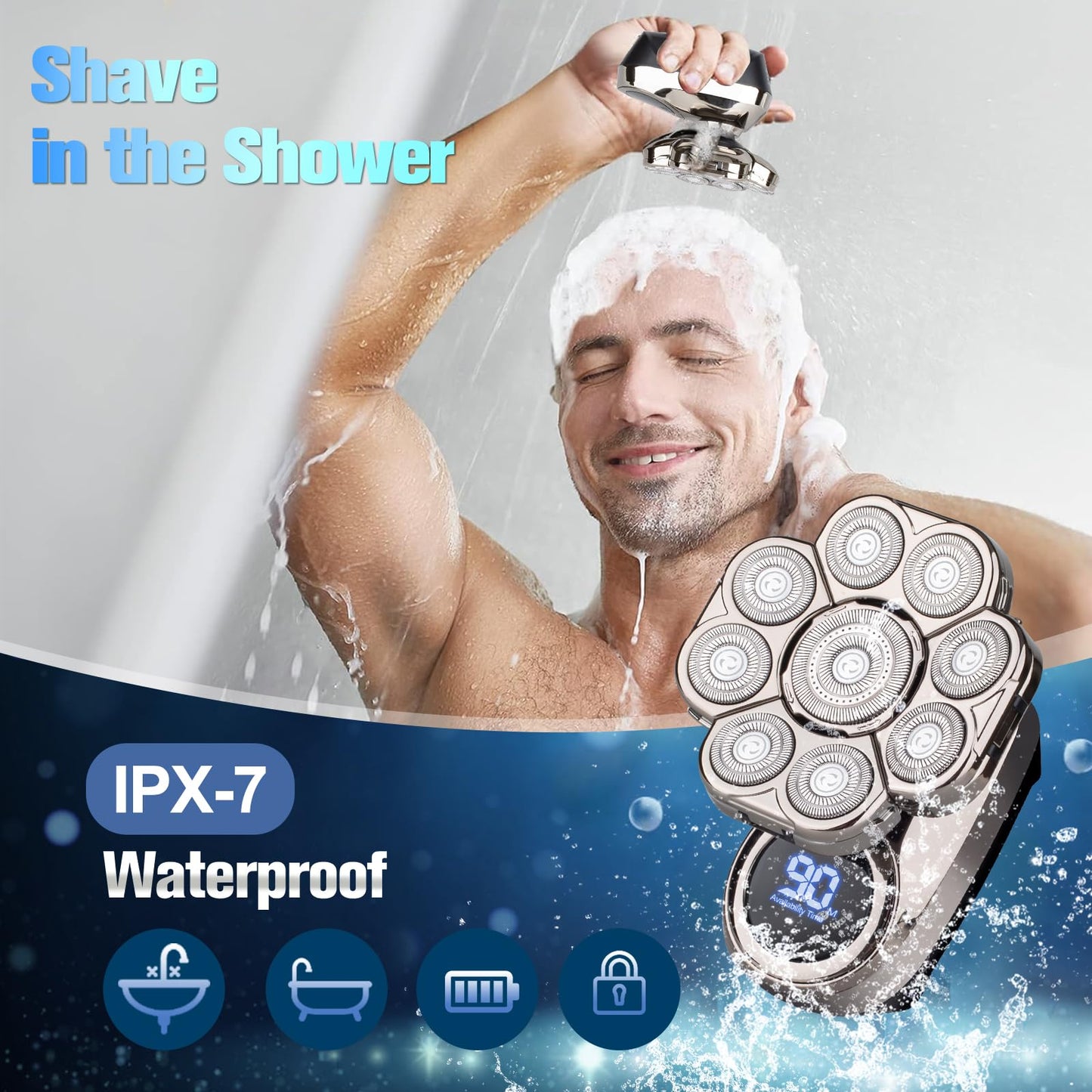9D Head Shavers for Bald Men, Electric Razor for Men to Shave Fast with LED Display, Cordless Rechargeable, IPX7 Waterproof Wet/Dry Rotary Shaver Kit with Nose Hair Trimmer Shaver, Gift for Men