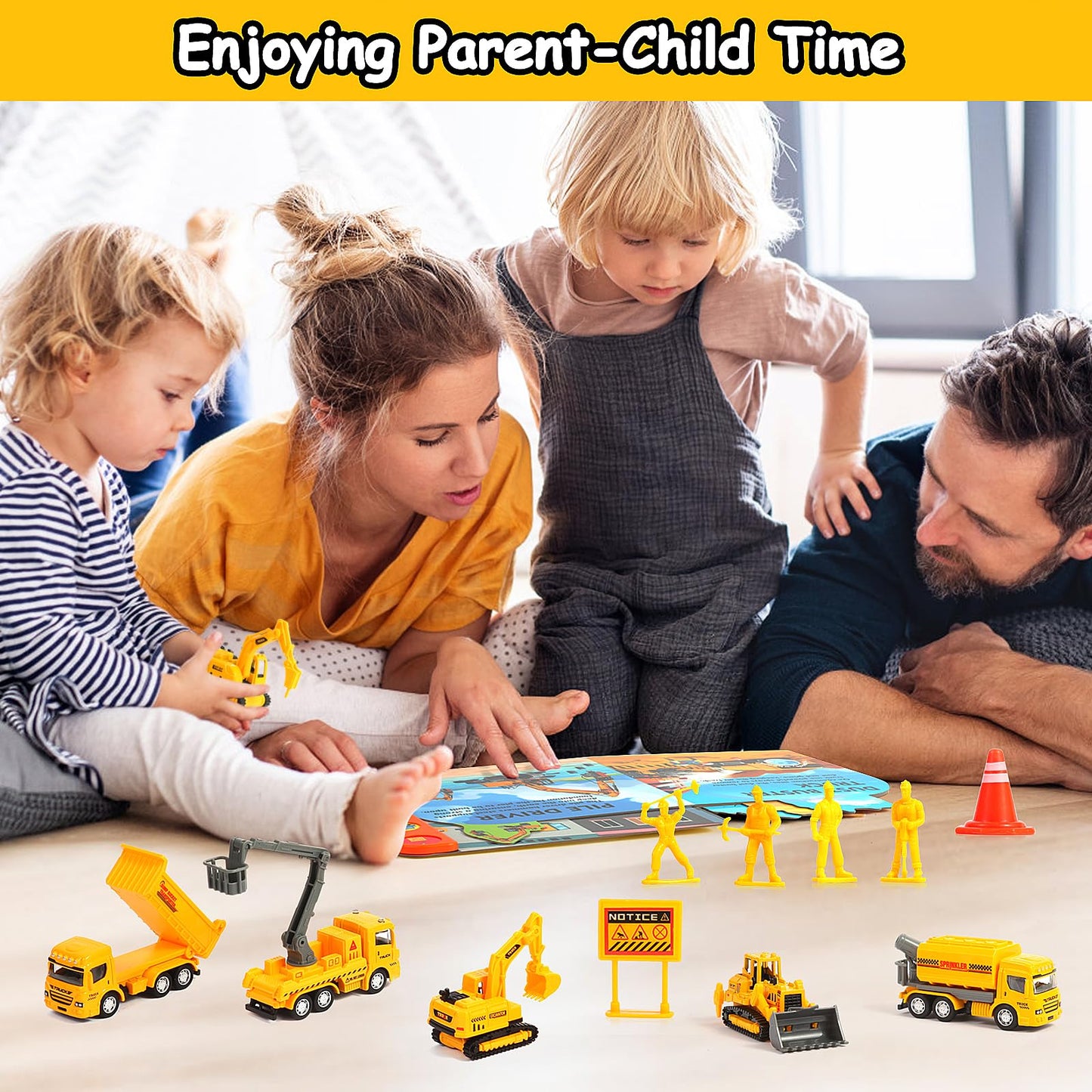 iGRATENS Construction Toys with Sound Books - Dig It! Dump It! Build It! Construction Board Book with 10 Buttons & 20 PCS Toys for 3+ Year Old, Great for Little Alloy Truck Lovers Kids