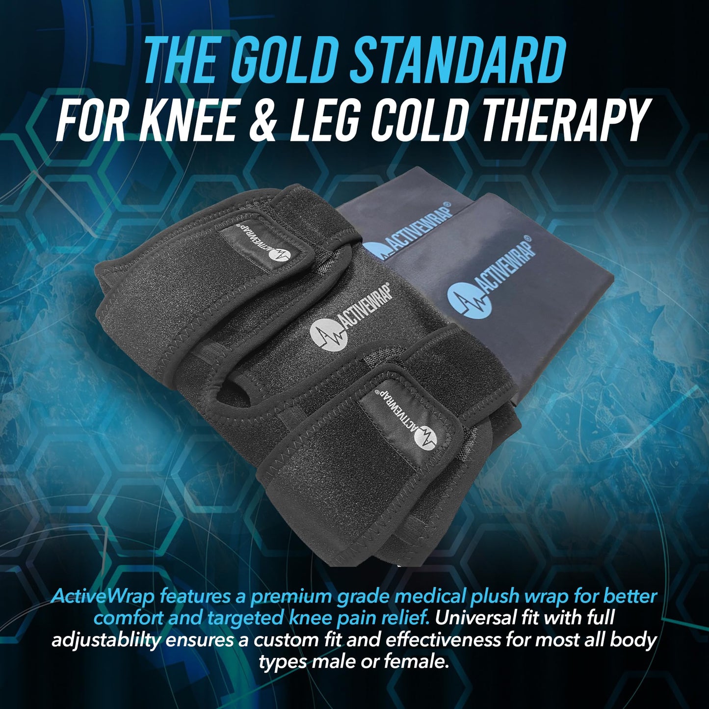 ActiveWrap - Knee Ice Pack Wrap with Compression, 2 Reusable Gel Heat & Cold Packs for Knee Pain, Sore Legs & Shin Splints. Flexible Cold Wrap for Injury and Swelling Control & Joint Support - One Size Fits Most