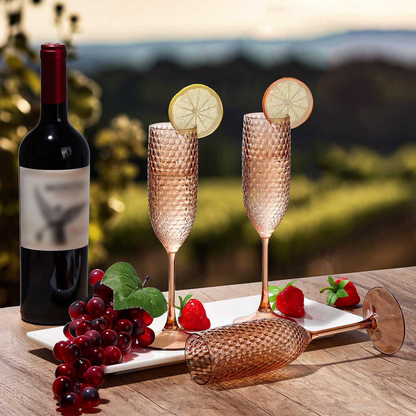 24 Pack Plastic Champagne Flutes Rose gold Champagne Glasses Unbreakable Wedding Toasting Glasses Diamond Wine Glasses Crystal Clear Party Wine Cups Vintage Drinking Glasses 5.5 OZ for Bridal Shower