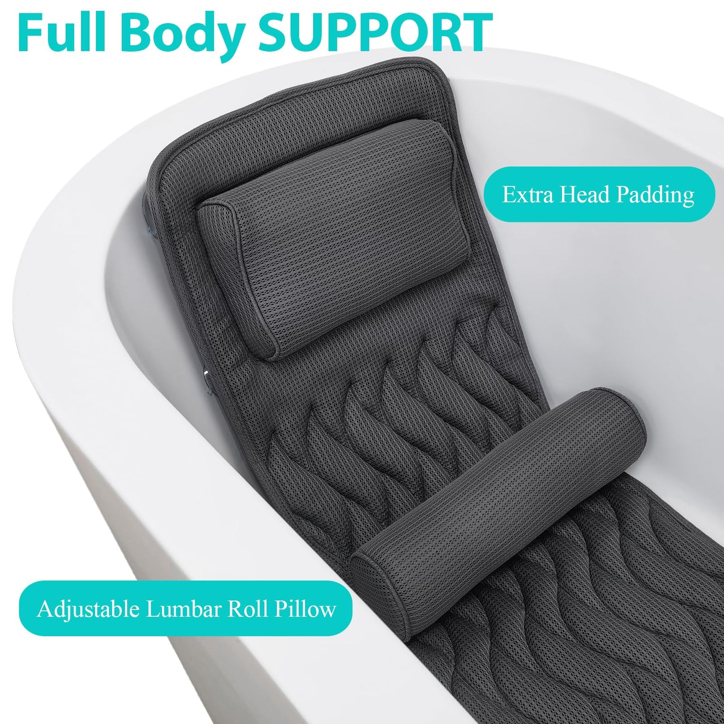AEROiVi Full Body Bath Pillow with Adjustable Lumbar Roll Pillow Bathtub Cushion with 14 Suction Cups 3D Air Mesh Fit Any Tub Gray Bathroom Accessories