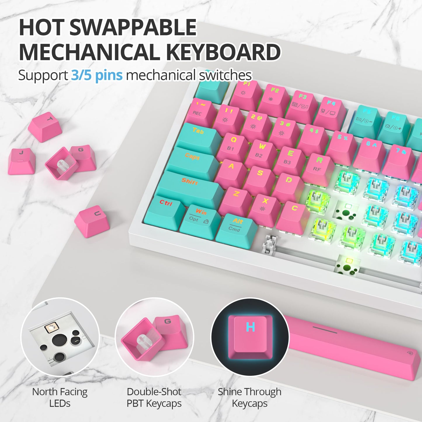 iRoboosta 400PRO 75% Wireless Creamy Mechanical Keyboard Pink, Gasket Hot Swappable RGB Gaming Keyboard, Bluetooth/2.4GHz/USB-C Cute Keyboard with Pre-lubed Cream Grey Switches (82 Pink Cyan) 