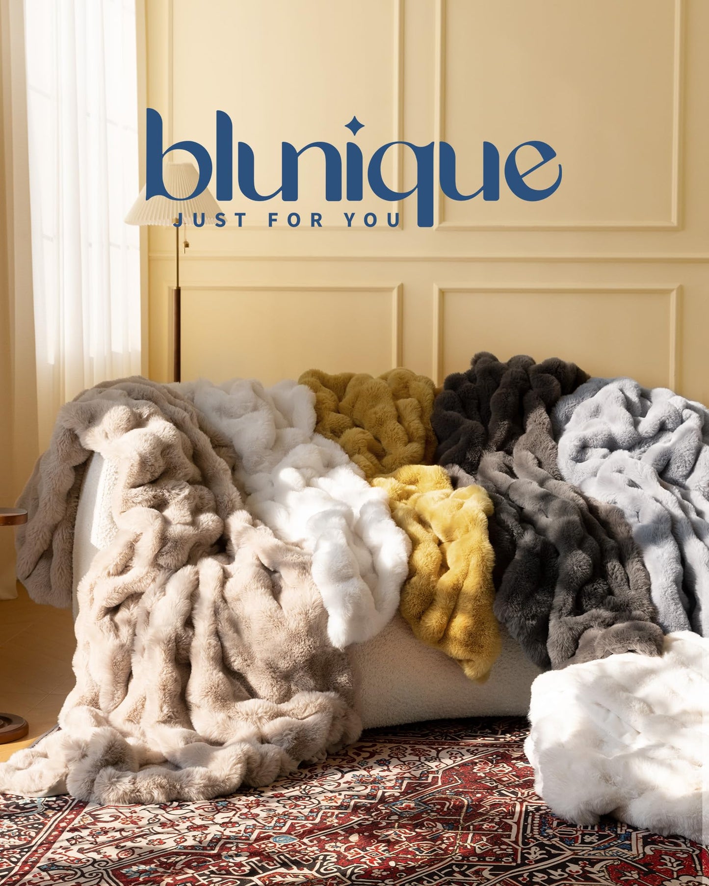 blunique Ultra Soft Cozy Faux Fur Throw Blanket, Fuzzy Plush Thick Bubble Blanket, Oversize Luxury Fluffy Blanket for Couch, Bed, and Living Room, 60x80 Inches, Light Brown