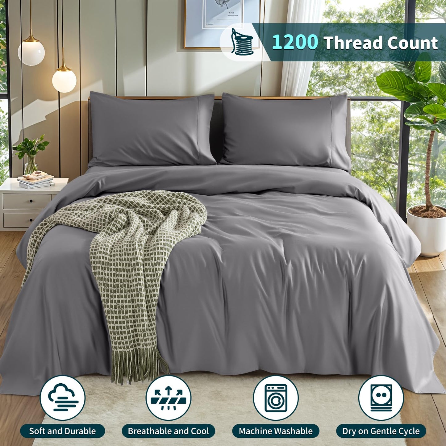 LBRO2M 100% Cotton 1200 Thread Count Queen Size Sheets Set,16 inches Deep Pocket,Bed Sheet 4 Piece Sets (Grey, Queen)