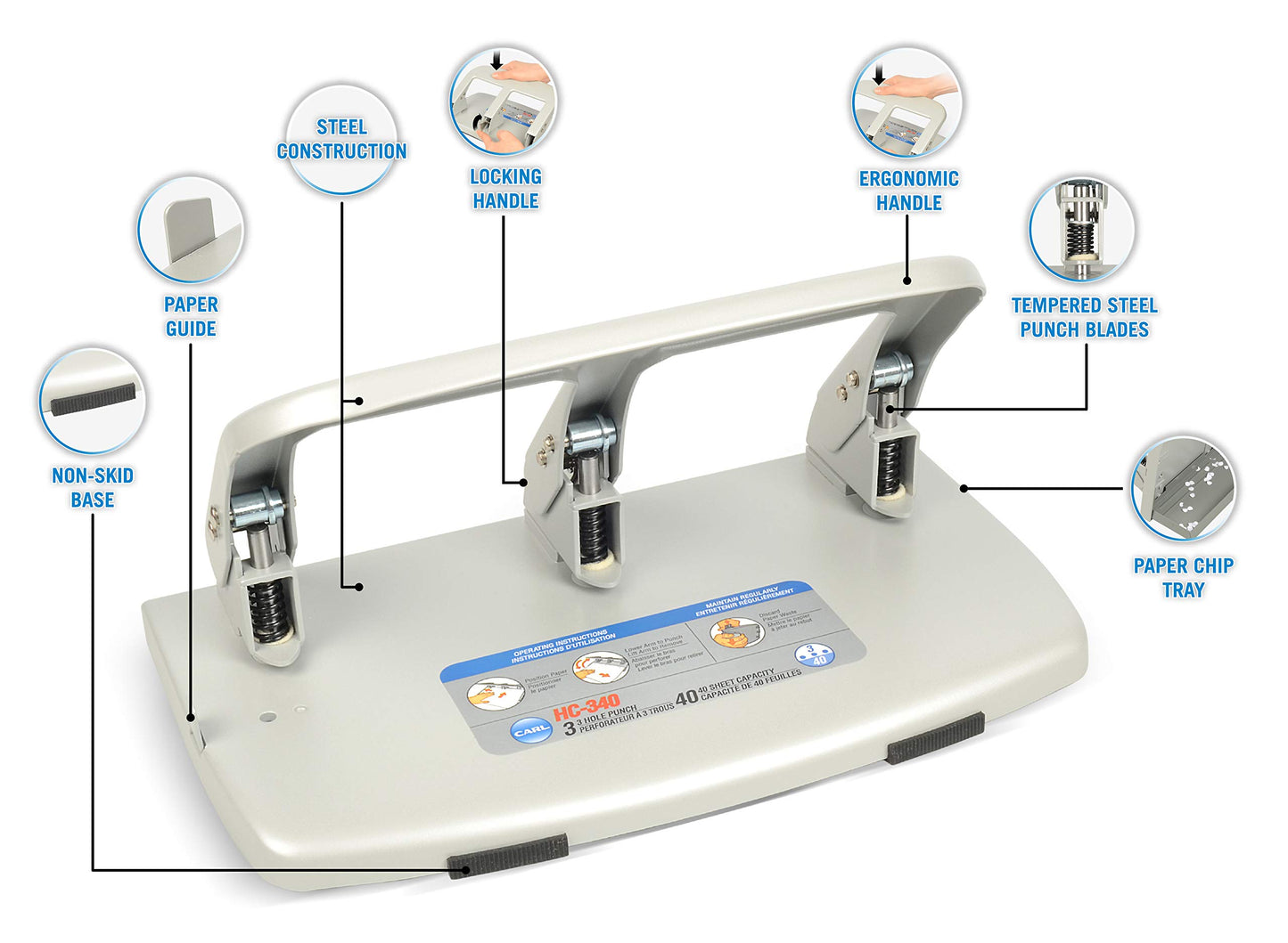Carl, Medium-Duty 3 Hole Paper Punch, 40 Sheet Punch Capacity, Metallic, Model:HC-340