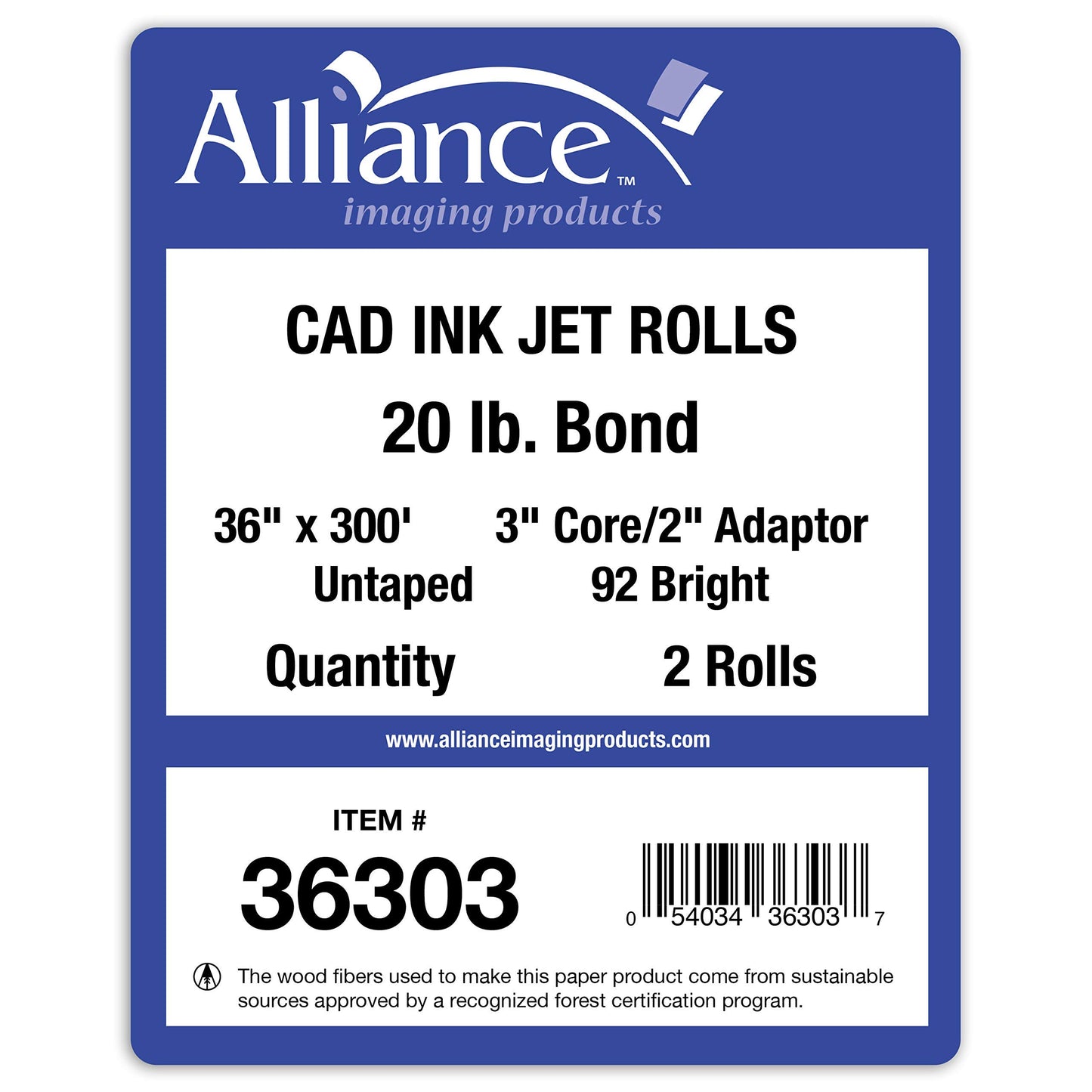 Alliance Wide Format Paper CAD Bond Rolls (20lb | 2 Rolls, 36 In x 300 Ft | 3" Core)