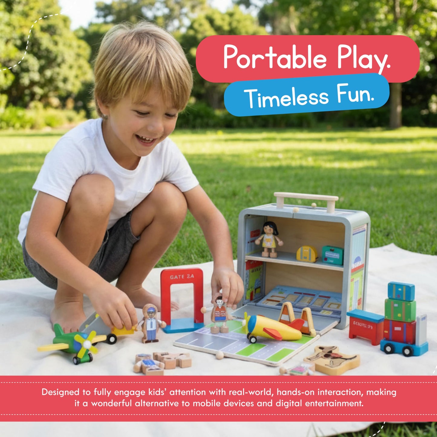 Jack Rabbit Creations Airport Suitcase Playset 19 Eco-Friendly Wooden Figures- Travel Toys- Includes Airplanes, Luggage Cart, Pilot, Flight Attendant, Cones, Gate and Service Dog- Boys and Girls