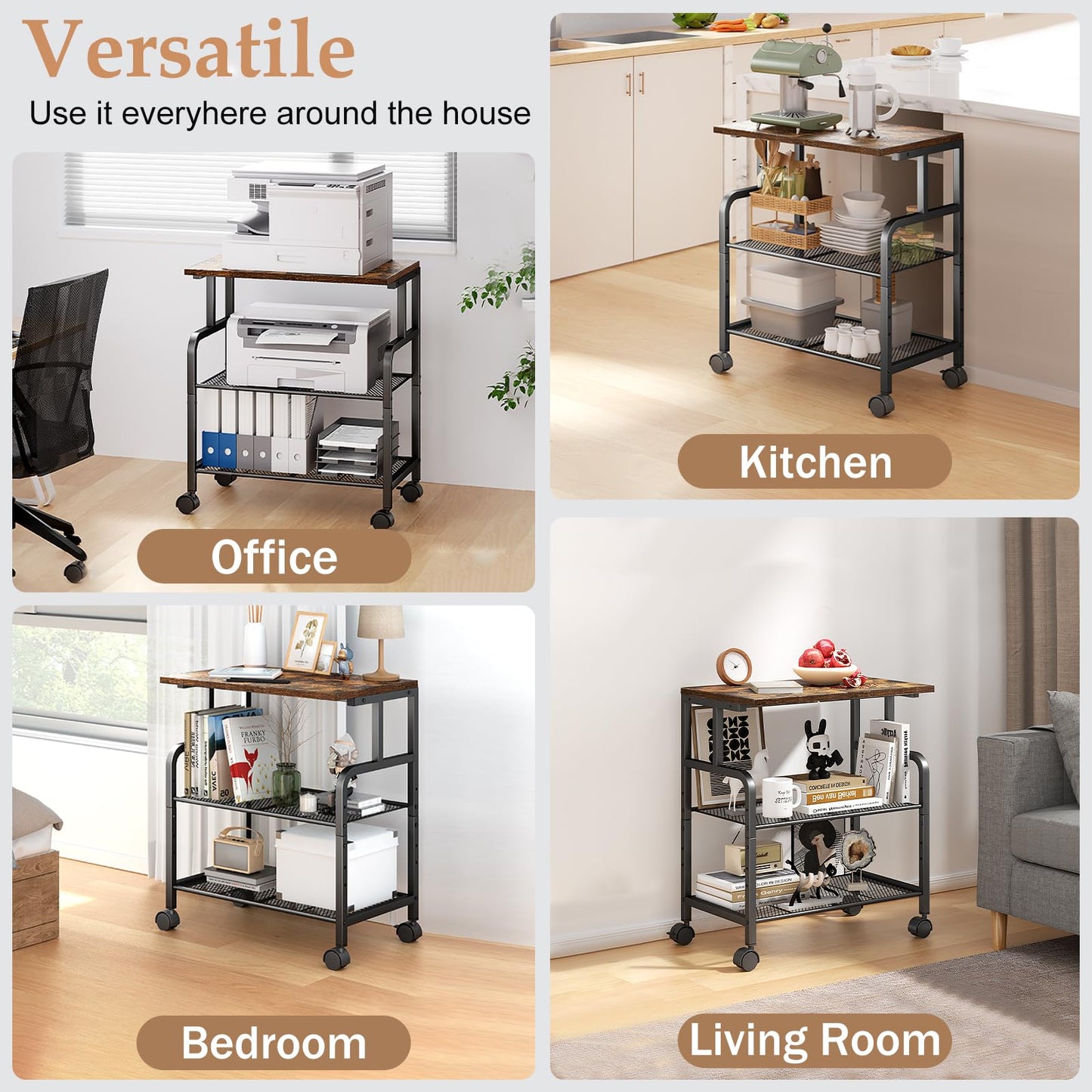 Alexayhome Printer Cart with Wheels, Printer Stand with Storage, Printer Table for Home Office, 3 Tier Cart with Adjustable Shelf, Supports Up to 100 Lbs, for Print, Heat Press, Scanner & Fax