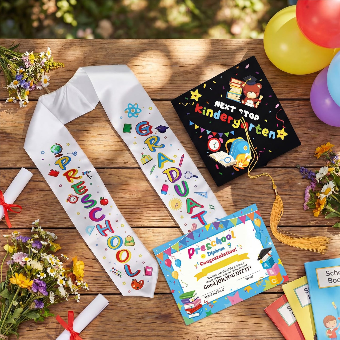 Knitgrip 36 Pcs Kindergarten Preschool Graduation Stole Caps and Diplomas Set Graduation Cap with Tassel Graduate Sash and Diploma Unisex for Kids Boys Girls (Preschool)