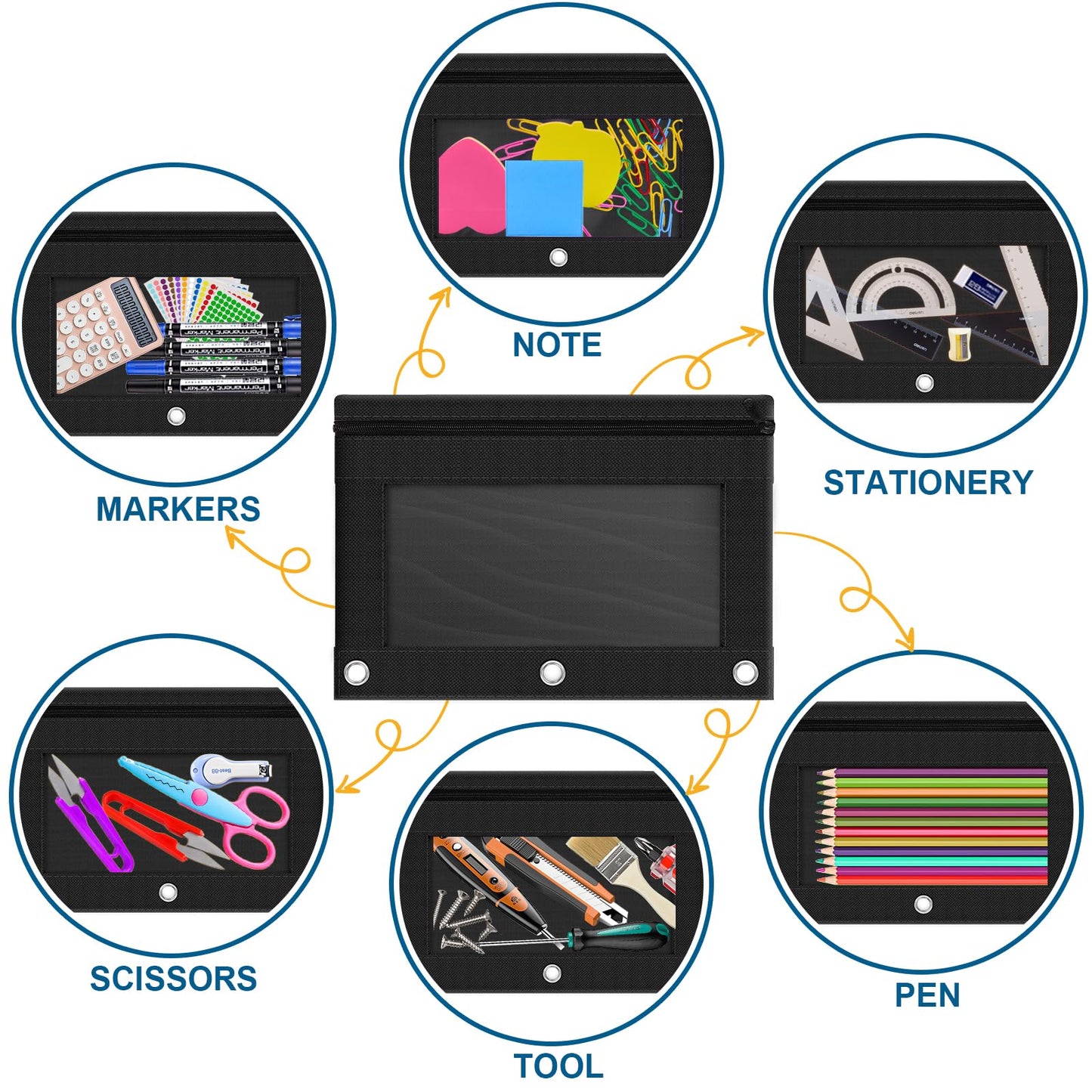 Officygnet Pencil Pouch for 3 Ring Binder, 36 Pack Bulk Black 3-Hole Zipper Pencil Pouches with Clear Window, Sturdy and Durable Cloth Pencil Case for School Office College Supplies