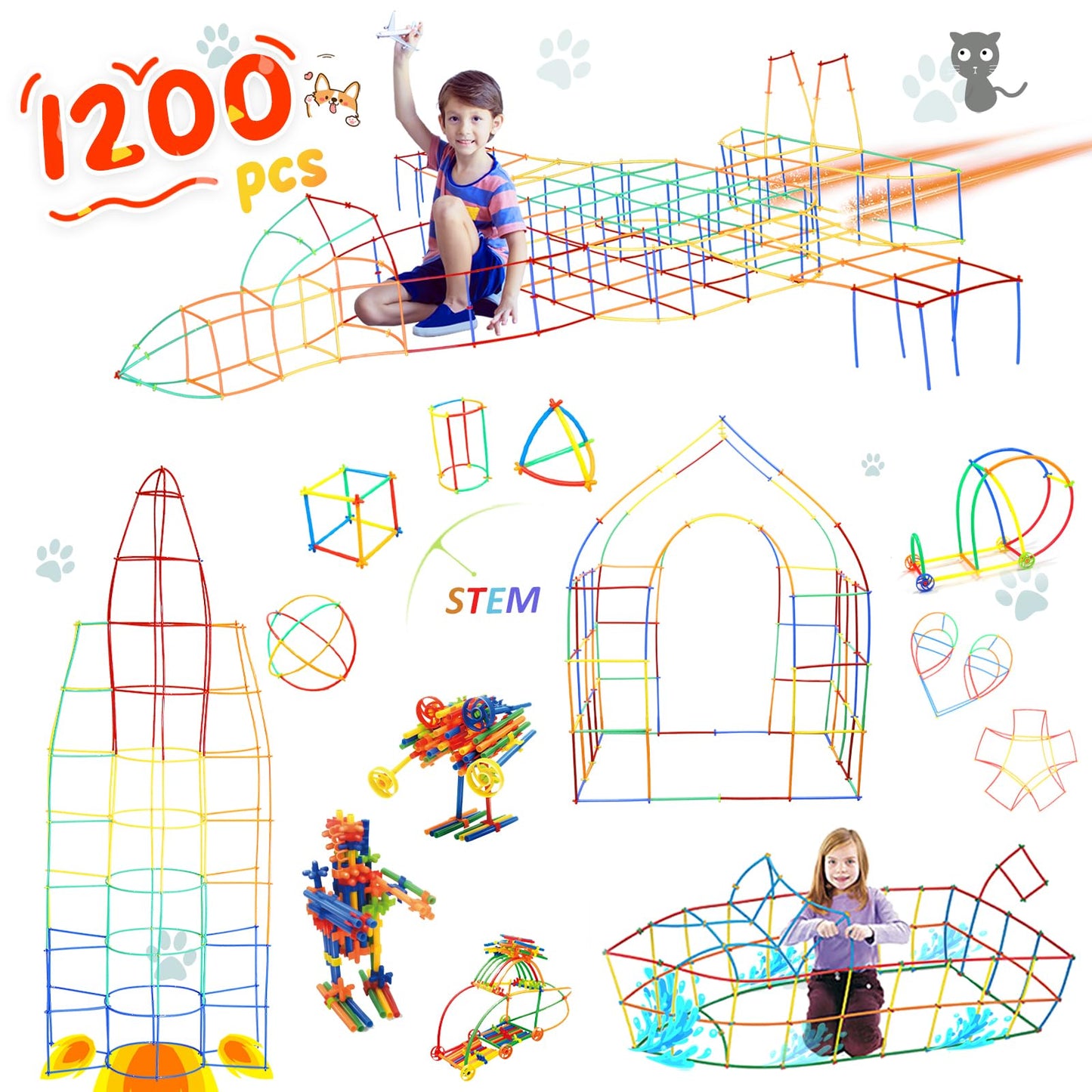 Ggiibro Straw Constructor Toys STEM Building Toys 1200Pcs Toys Aged for 3 4 5 6 7 8+ Interlocking Plastic Toys Engineering Toys Thin Tube Blocks Toy Educational Toy Kit for Classroom Kids Toys Set