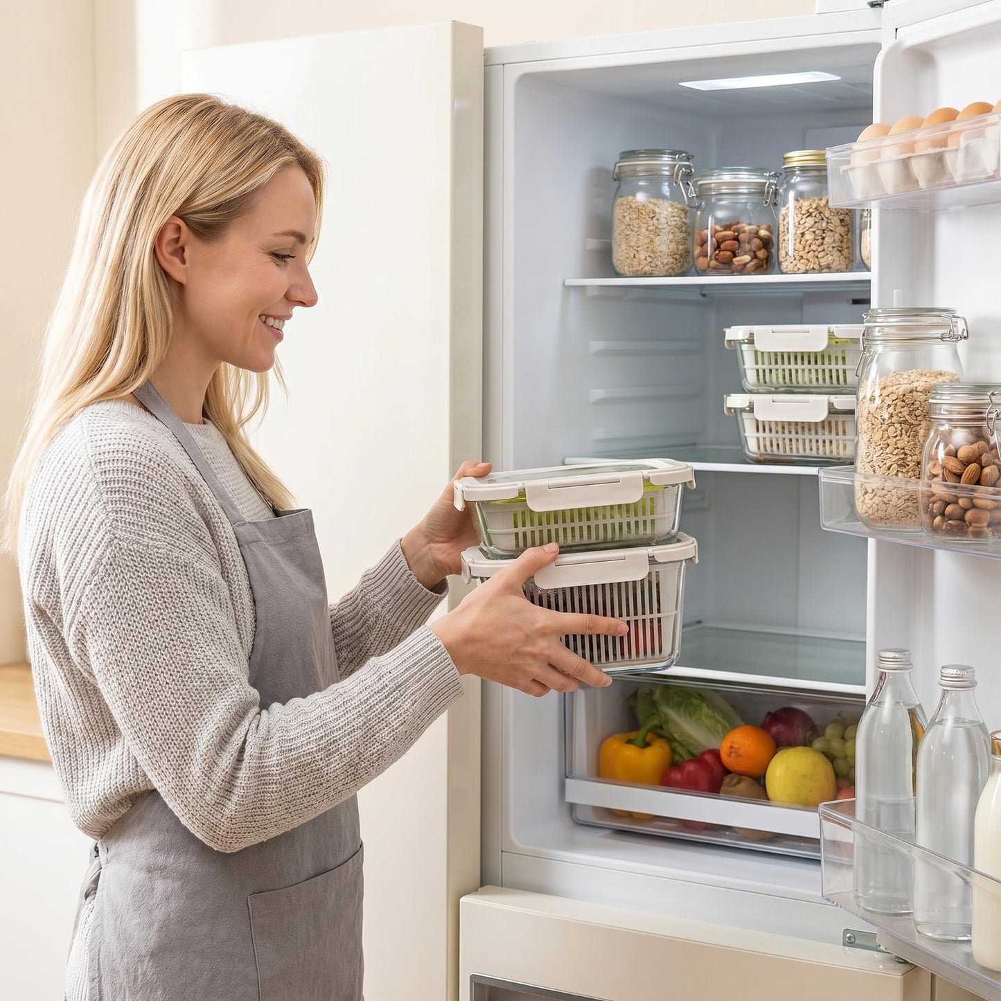 GENICOOK Glass Produce Storage Containers for Fridge, 2-Pack – Airtight Fruit & Vegetable Containers with Removable Colanders, Flexible Silicone Lids,LeakProof, BPA-Free Borosilicate Glass