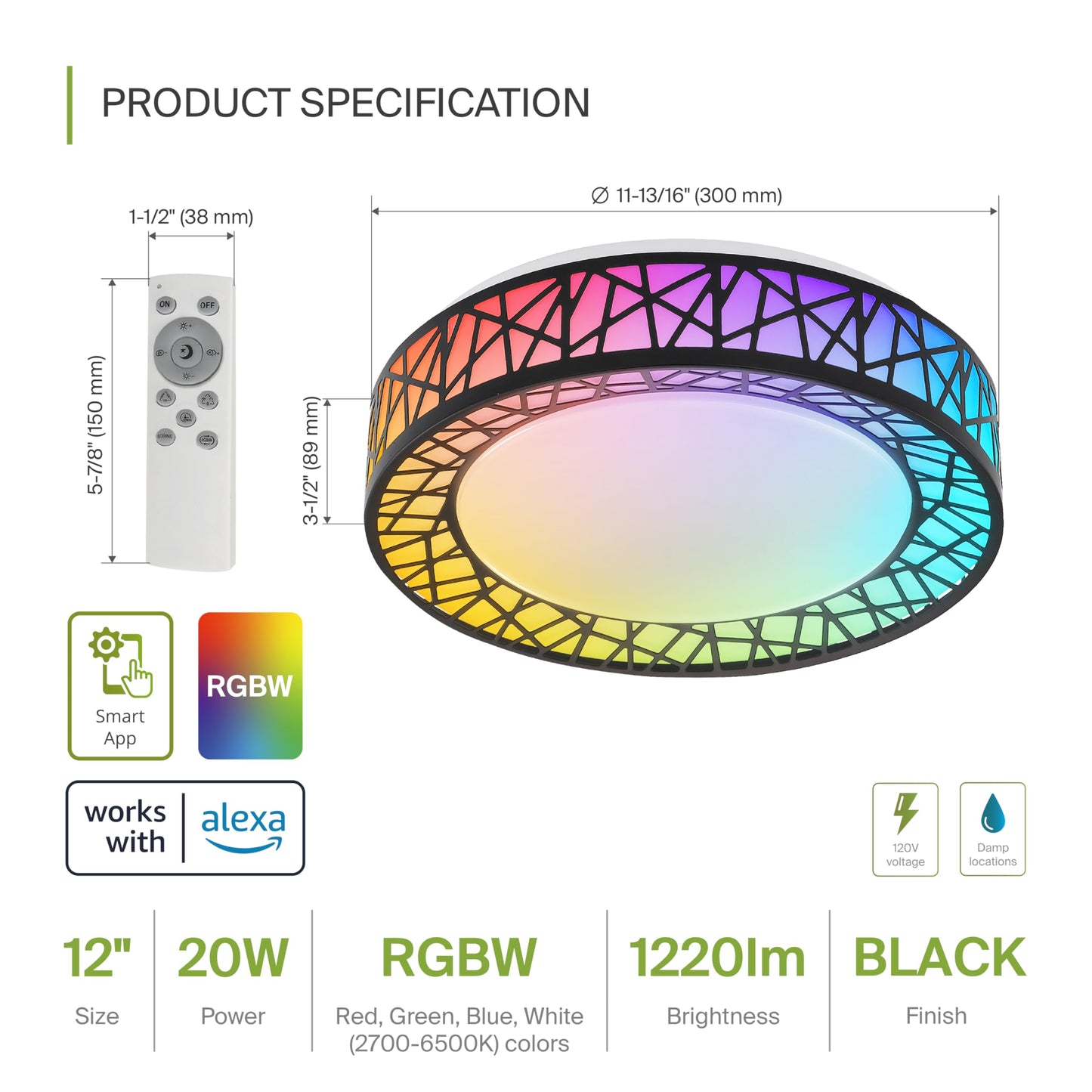 ASD 12 Inch Smart RGBW Flush Mount Ceiling Light with Remote - Matte Black 20W 120V 2700-6500K Dimmable Ceiling Light Fixture, WiFi App Control RGB Lights, Alexa & Google Assistant - ETL