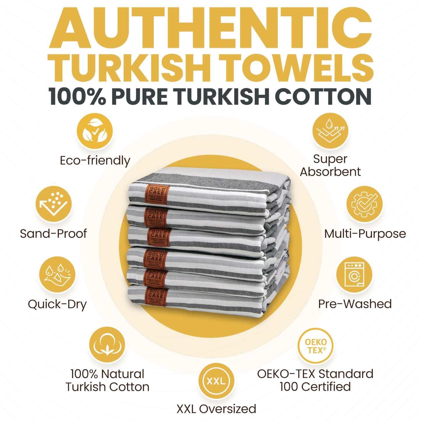 Gold CASE Turkish Beach Towel Set of 6 – 100% Cotton Large Turkish Bath Towels 70 x 38'' – OLYMPOS Oversized, Quick Dry & Sand Free Beach Towel – Lightweight Towels Set - Black