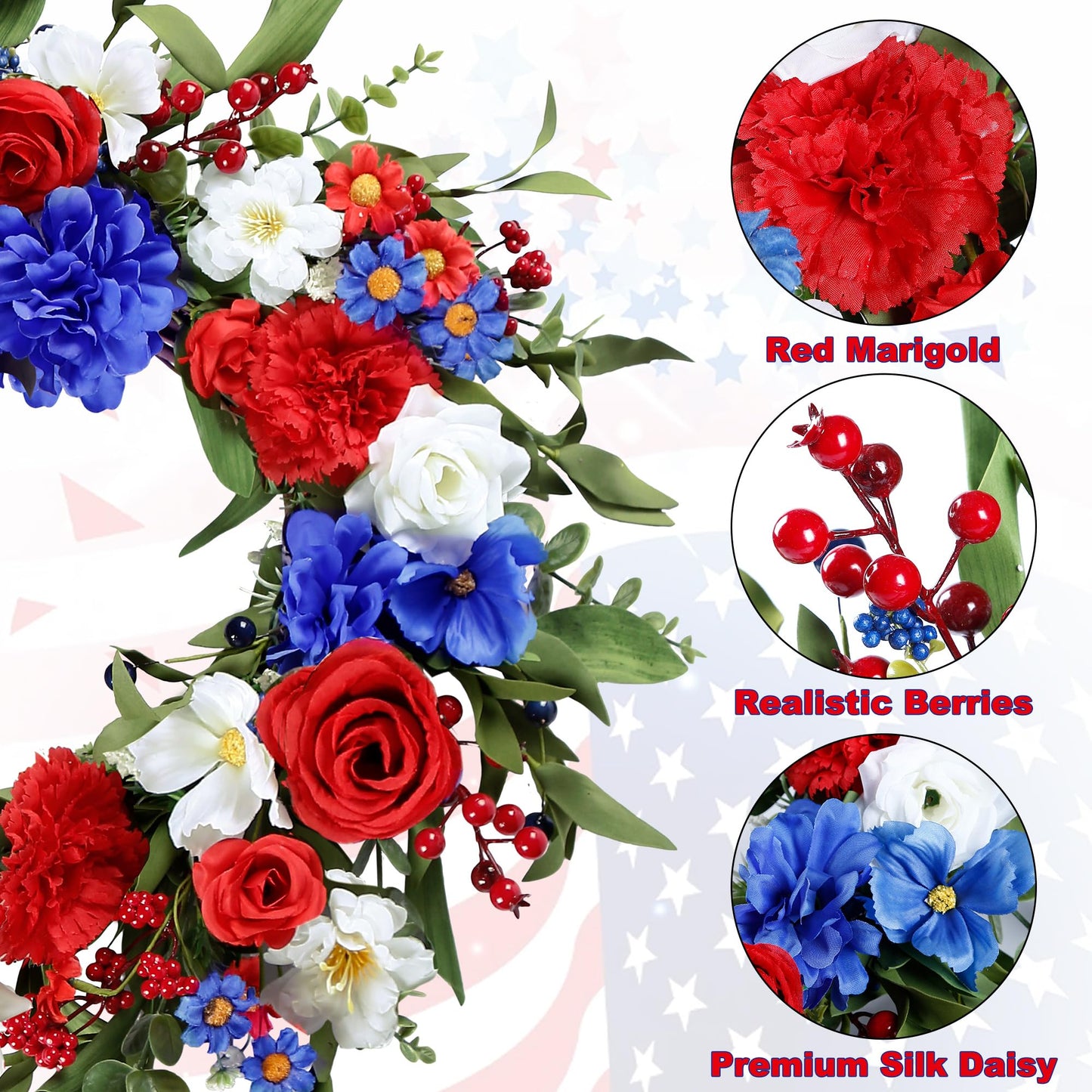 Sggvecsy 20Inch 4th of July Patriotic Day Wreath for Front Door with Artificial Floral Red Blue White Flower Roses Hydrangea Daisy Patriotic Decorations for Memorial Day Independence Day Veterans Day