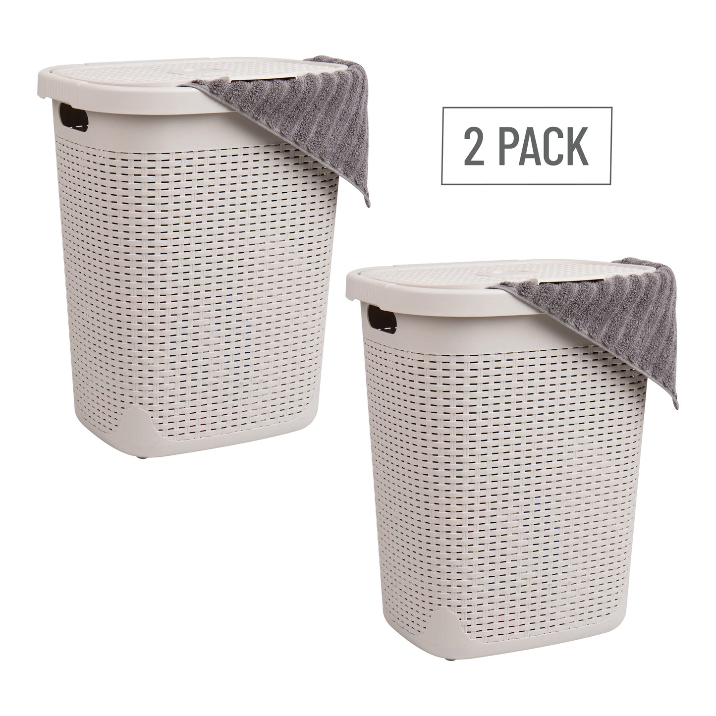 Mind Reader 50L Slim Laundry Hamper, Set of 2, Clothes Basket, Lid, Wicker Design, Plastic, 17.65"L x 13.75"W x 21"H, Ivory