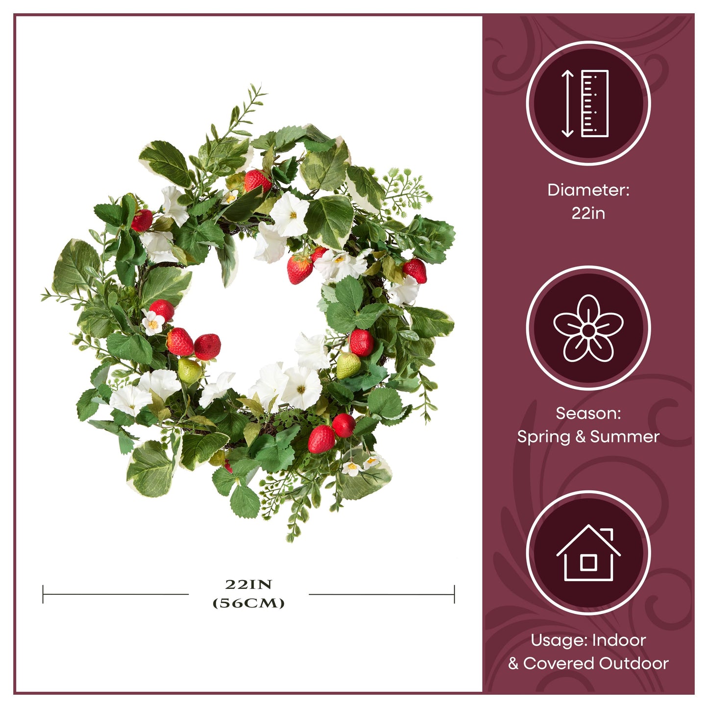 National Tree Company Artificial Spring Wreath, Woven Branch Base, Decorated with Strawberries, Petunia Blooms, Leafy Greens, Spring Collection, 22 Inches