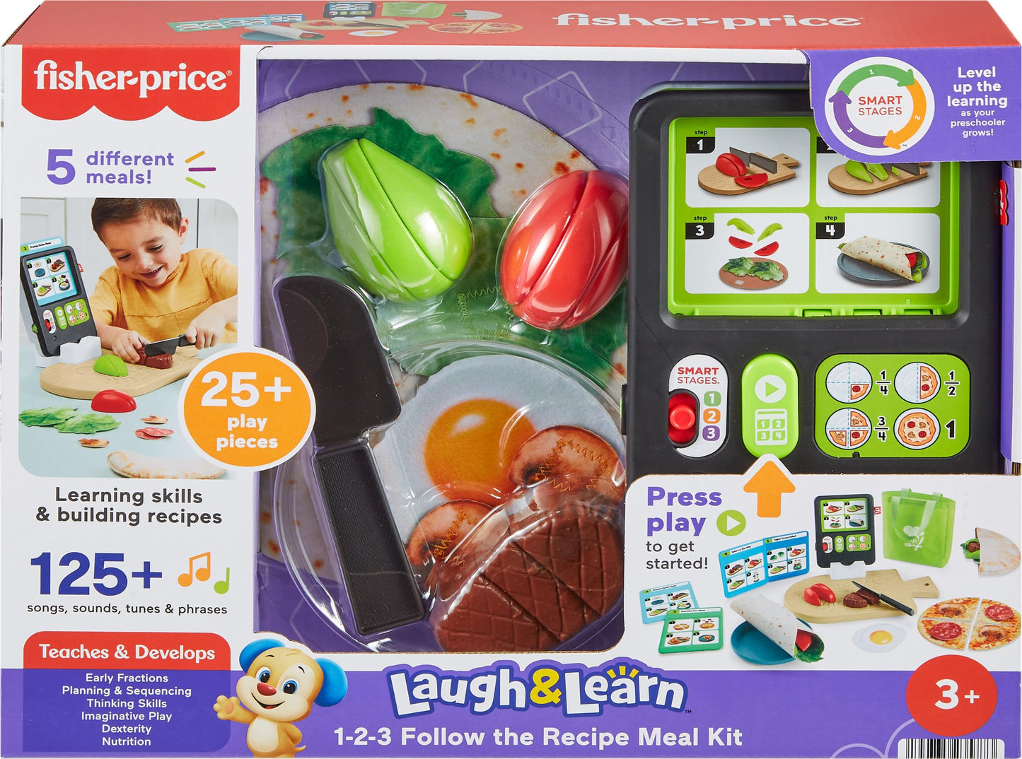 Fisher-Price Preschool Kitchen Playset Laugh & Learn 123 Follow the Recipe Meal Kit 30-Piece Pretend Cooking Set for Ages 3+ Years