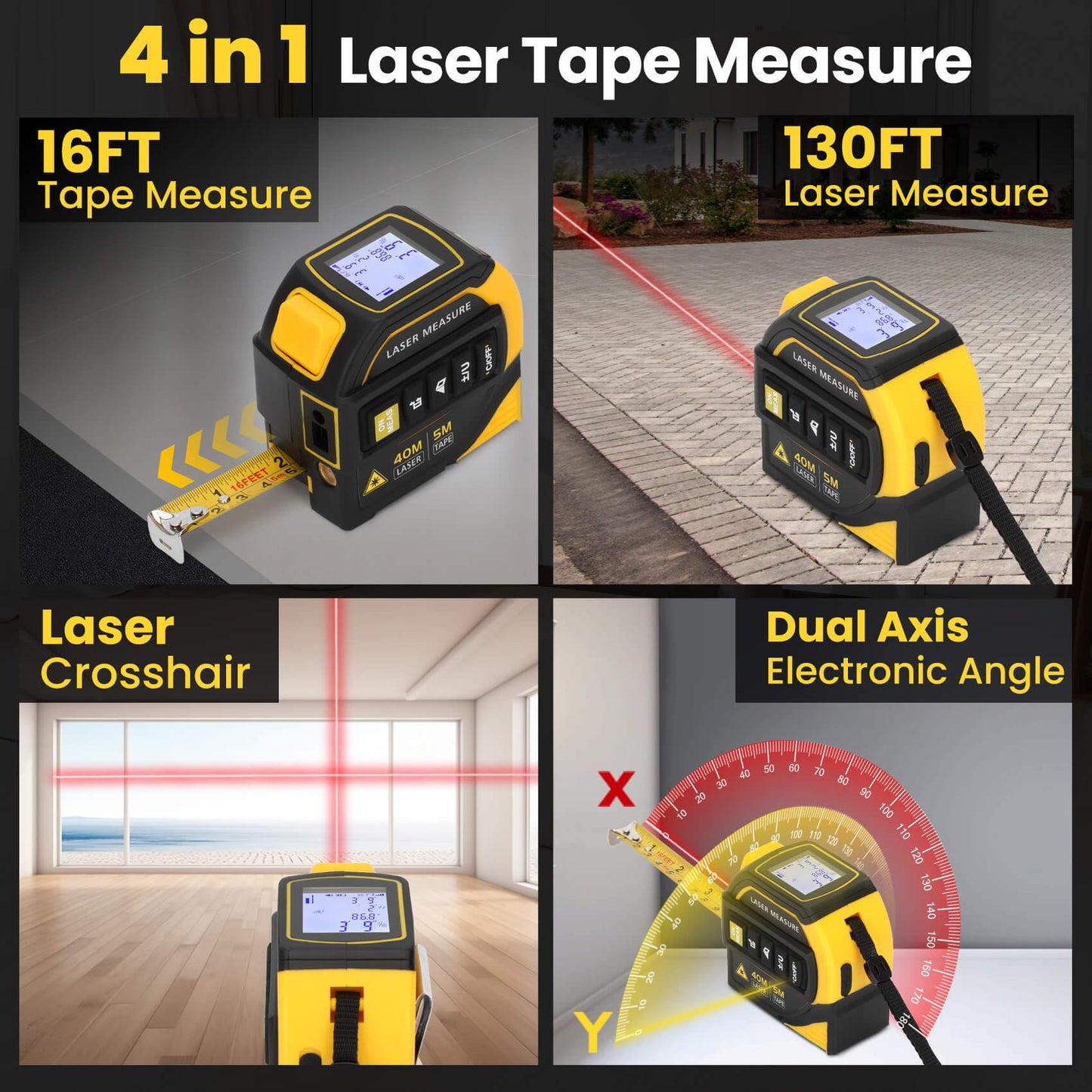 4-in-1 Laser Tape Measure with Level and Crosshairs, 16FT AutoLock Measuring Tape and 130FT Laser Measurement Tool with Large LCD Display, Area, Volume, Pythagorean, Cosine