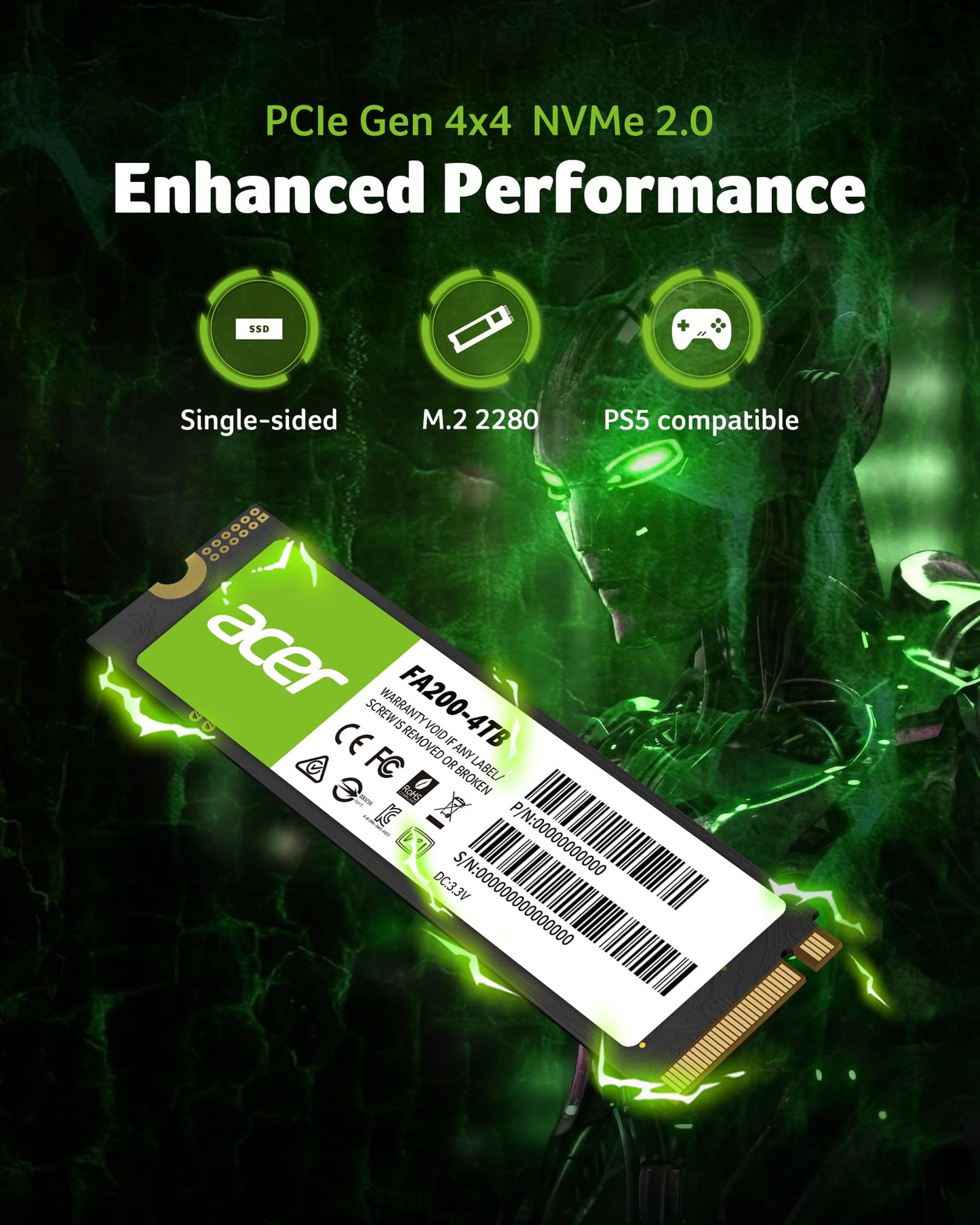 acer FA200 NVMe Gen4 SSD 4TB, PCIe 4.0, M.2 2280, Read Speeds Up to 7200MB/s, Internal Solid State Drive for Laptop, Desktop PC and PS5 Upgrade - BL.9BWWA.150
