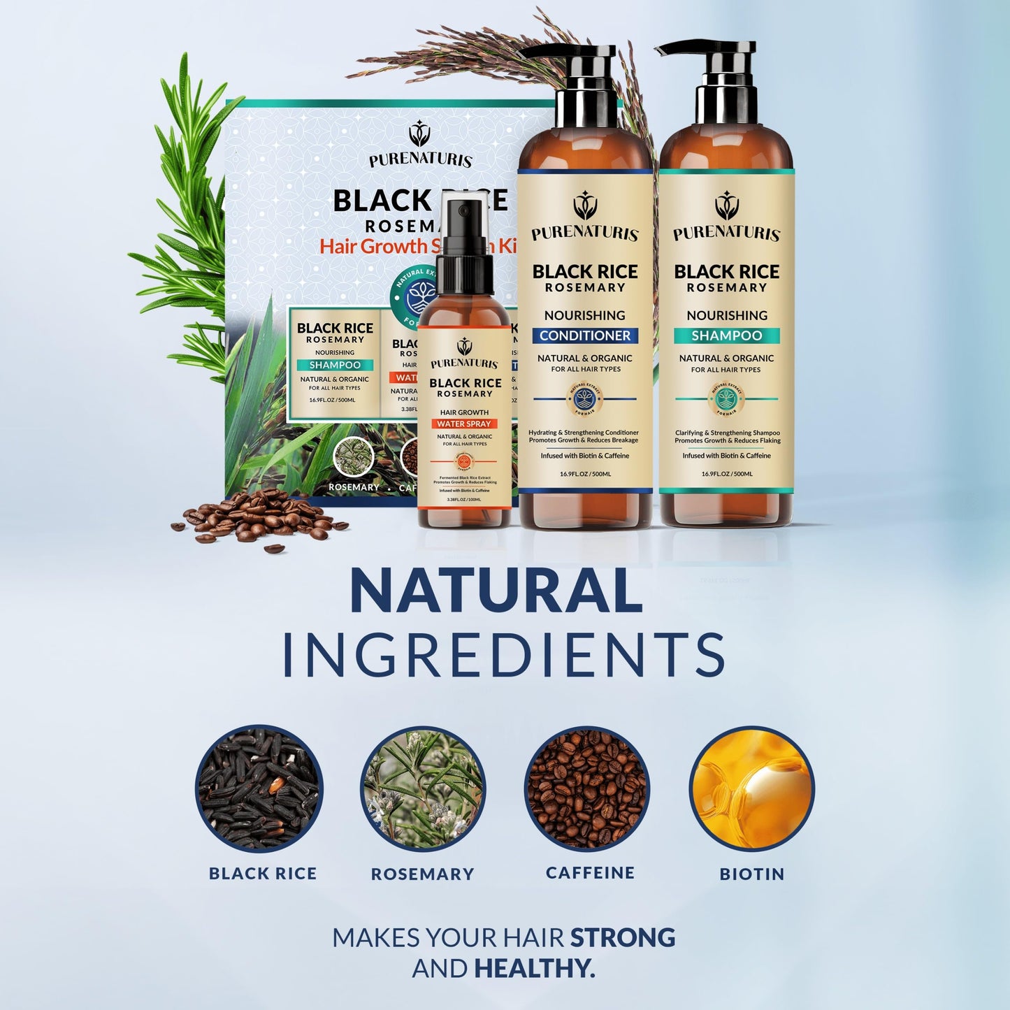 Organic Rosemary Black Rice Water Shampoo Conditioner Set for Hair Growth, Rice Water Spray, w/Rosemary Water, Biotin, Caffeine, Routine Shampoo for Women Men Hair Loss Thickening, Longer