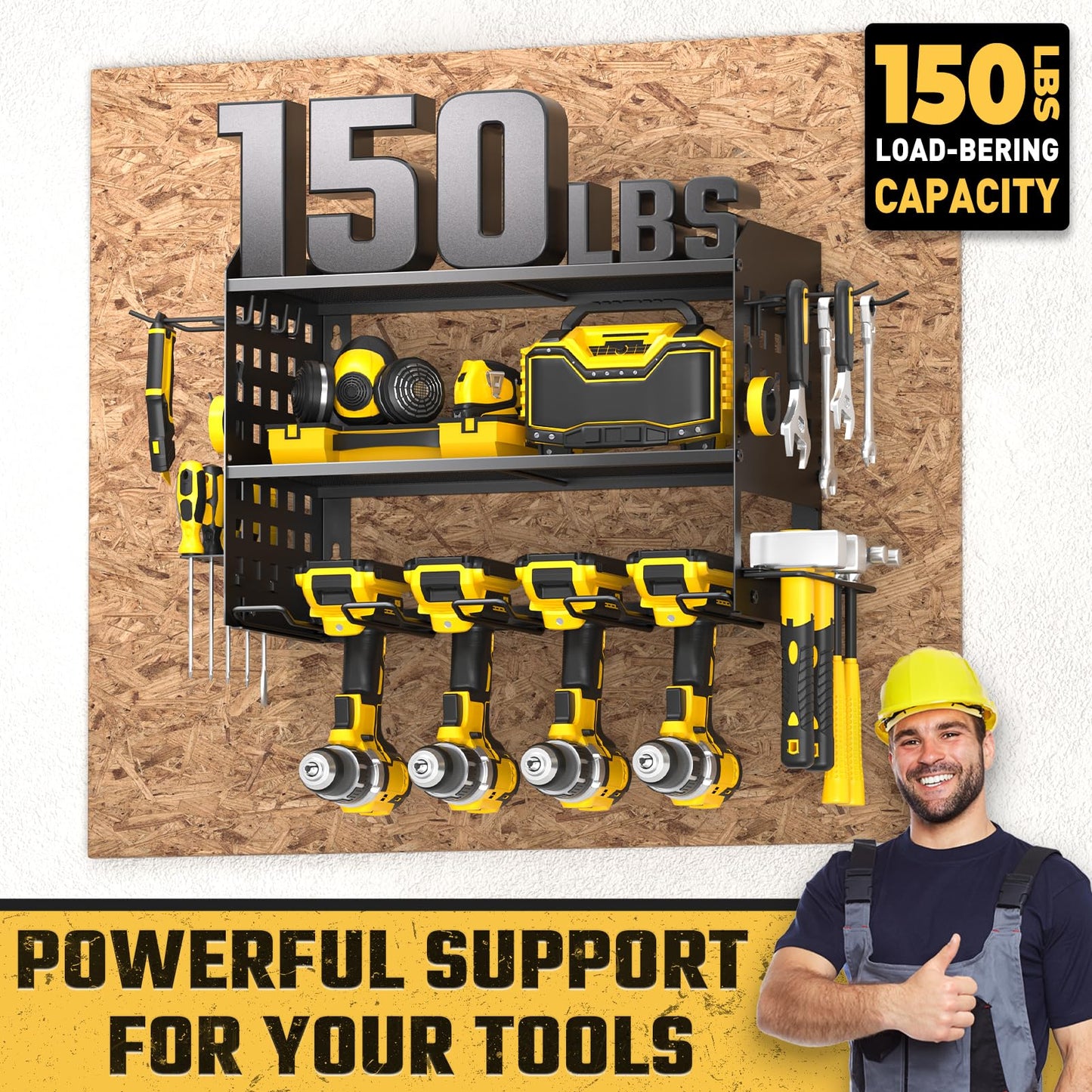 SPACECARE Power Tool Organizer, Drill Holder Wall Mount with 2 Side Pegboards with Hooks, 3 Layer Garage Organization Heavy Duty Tool Organizers Utility Rack for 4 Drill Holders Black