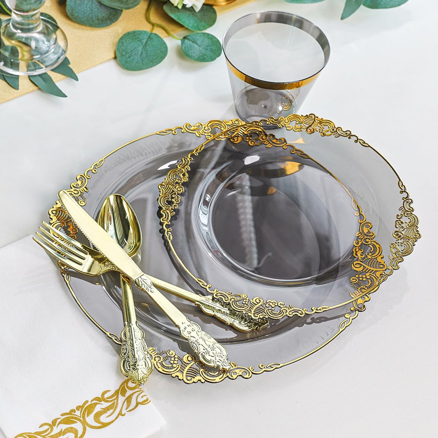 175 PCS Clear Black and Gold Plastic Dinnerware Set for 25 Guests, Disposable Fancy Dinner Plates with Gold Rim for Wedding Party, 25 Dinner and Dessert Plates, 75 Silverware, 25 Cups, 25 Napkins