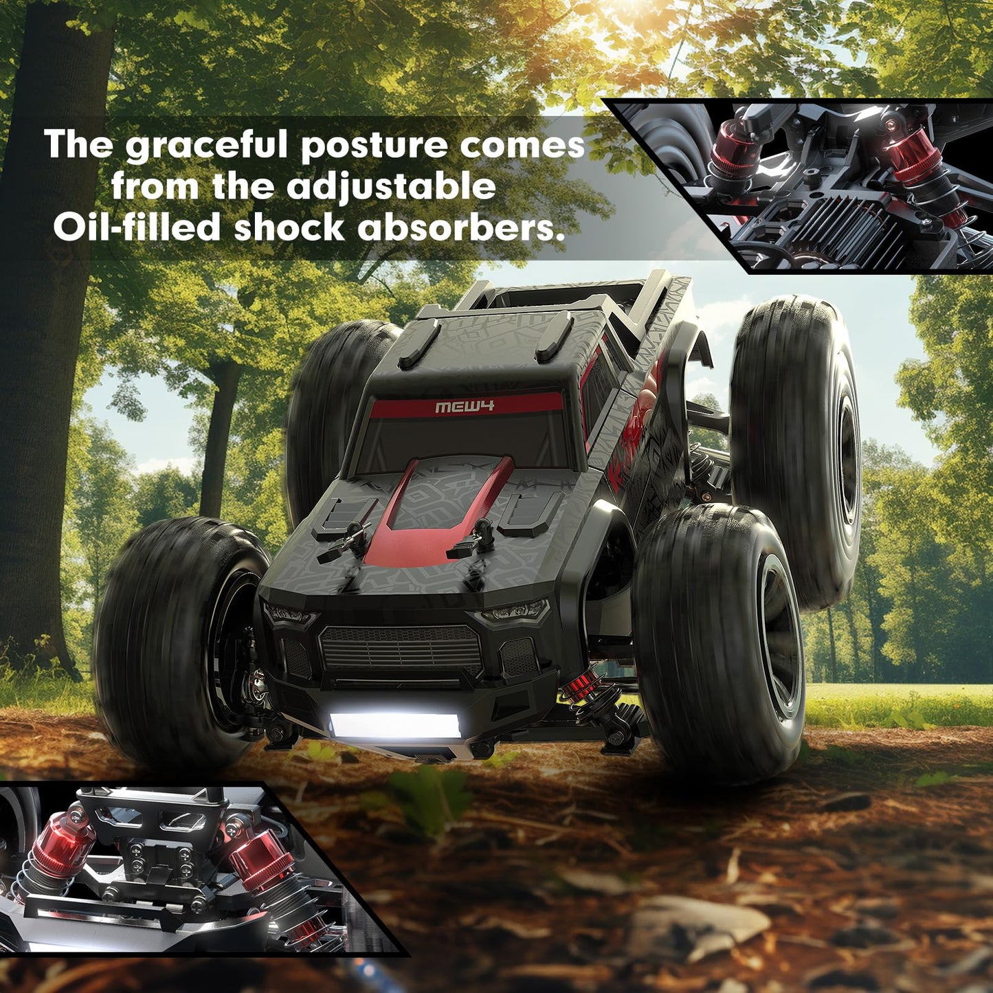 MEW4 1/16 Brushless RC Car, 4X4 RC Offroad Trucks, Portable RC Cars Fast 42 Km/h for Adults, High Speed RC Car, Electric Stadium RC Truck for Adult, Red Black