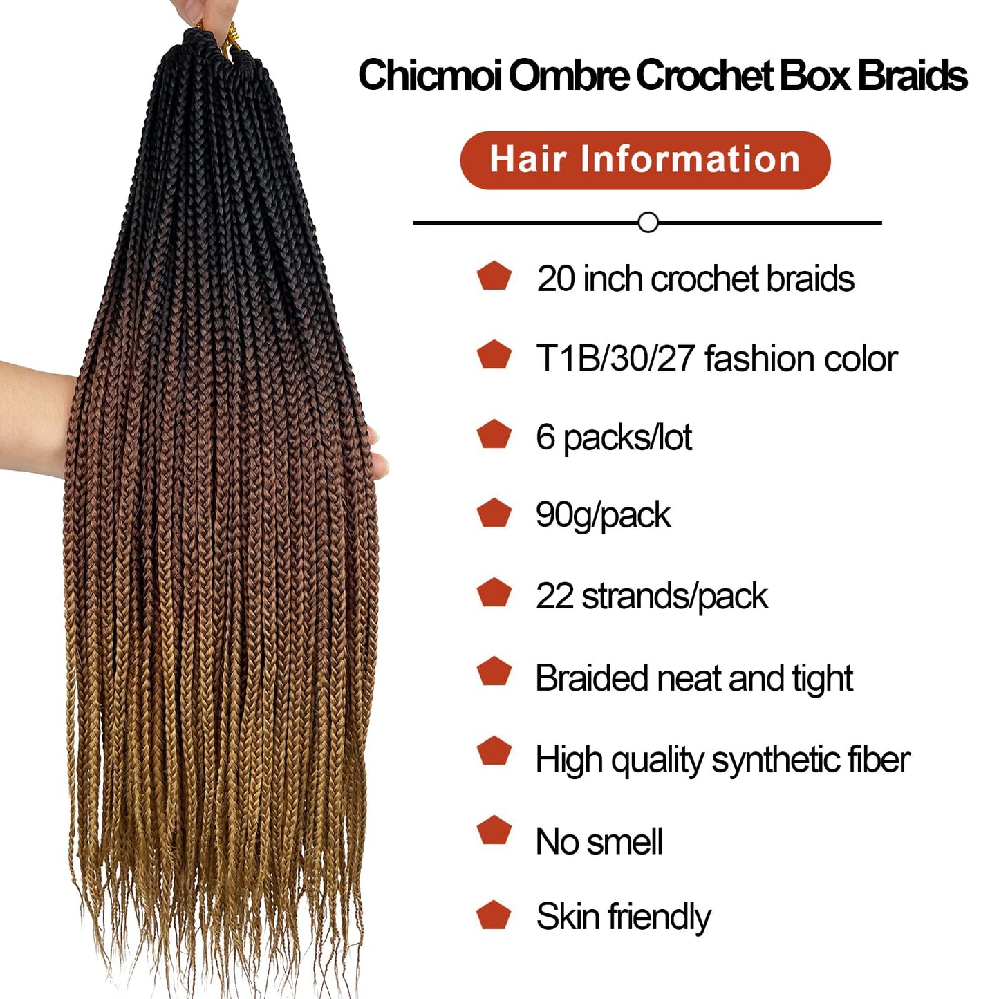 Small Crochet Box Braids 20 Inch 1B/30/27 Ombre Box Braids Crochet Hair Pre Looped Three Tone 1/4 Inch Wide Micro Crochet Braids Hair for Black Women (20 inch box braids 6 packs, T1B/30/27)