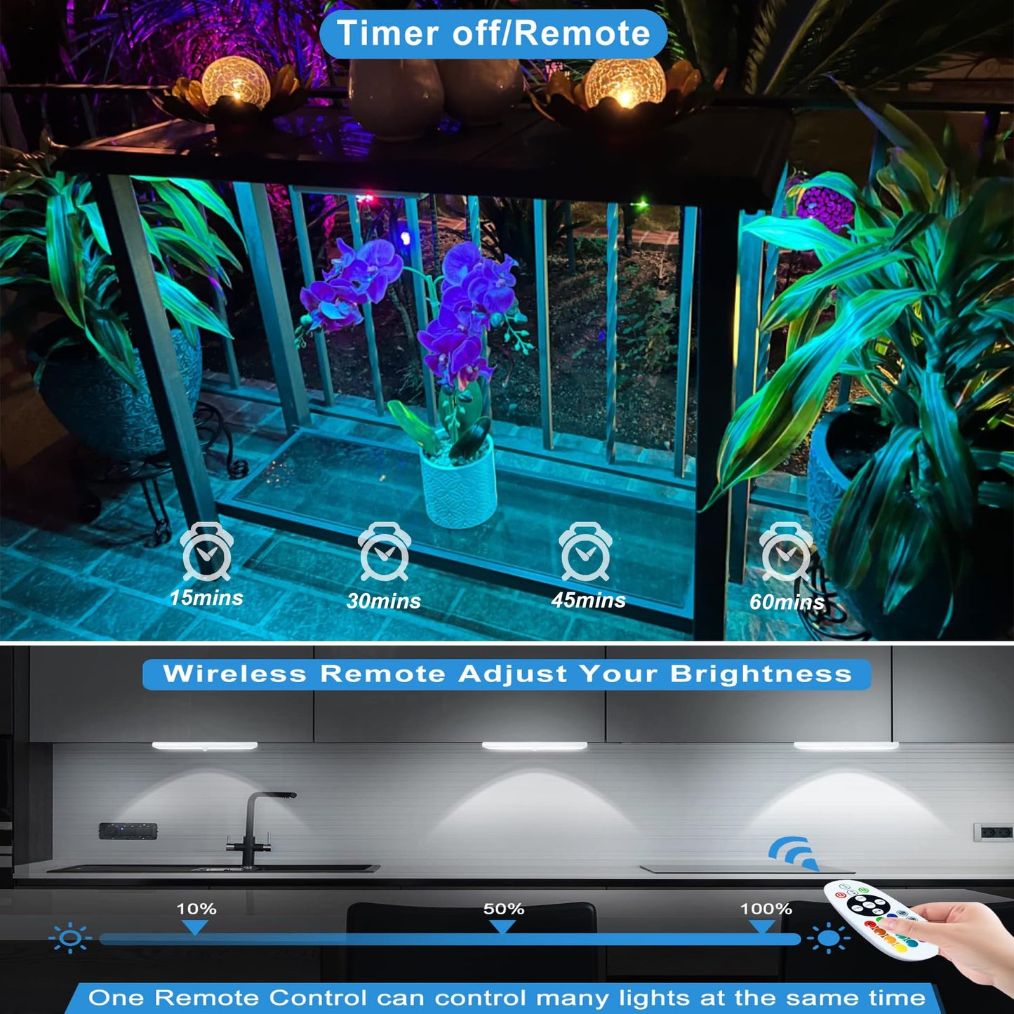 LDOPTO Under Cabinet Lighting Wireless with Remote, 48 LED Rechargeable Lights, Kitchen Counter Lights Dimmable, RGB Bar for Shelf, Car, Hallway, 15 Color Changing, 6 Pack