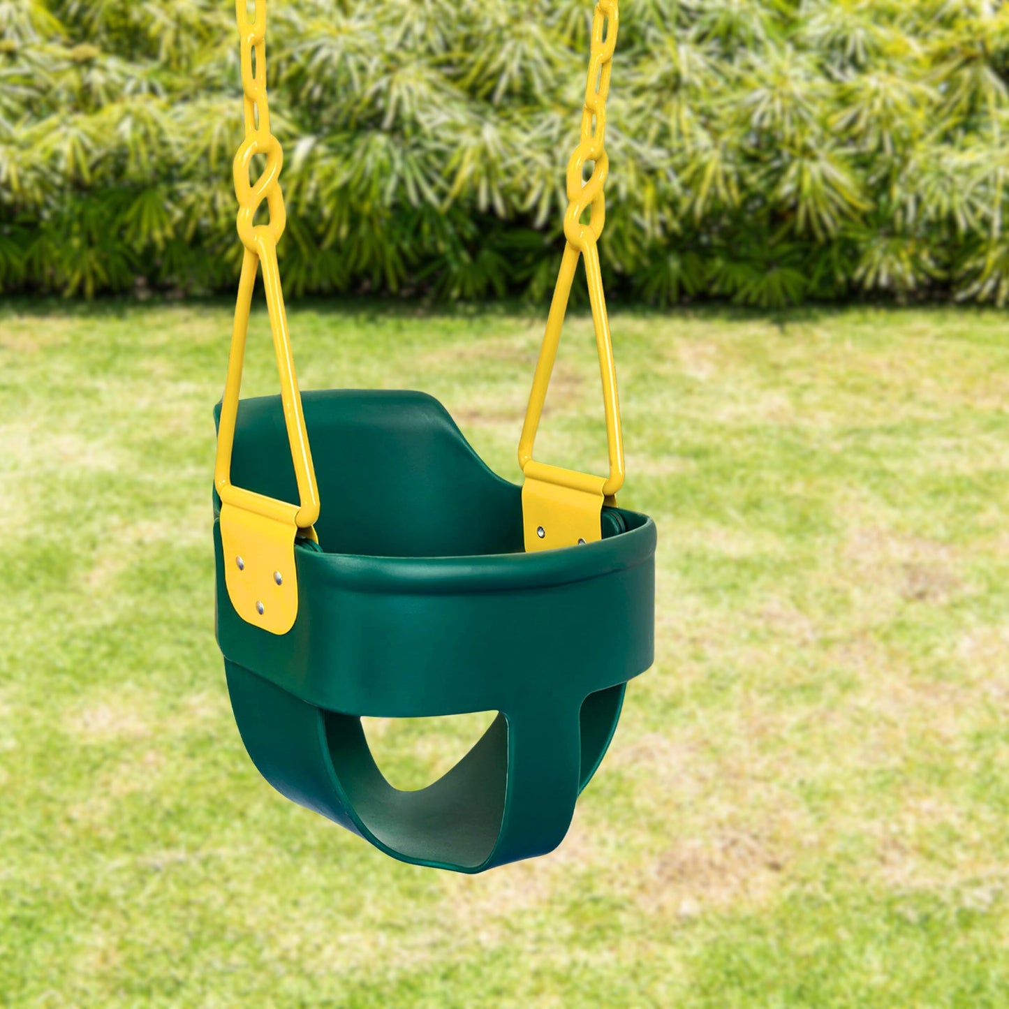 Premium High Back Full Bucket Toddler Swing Seat with Finger Grip, Plastic Coated Chains for Safety and Carabiners for Easy Install - Green - Squirrel Products