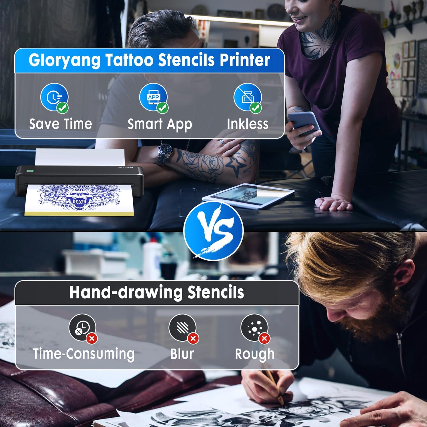 Gloryang Wireless Tattoo Transfer Stencil Printer, Portable Thermal Tattoo Machine for Tattoo Beginners with 40pcs Stencil Paper, Compatible with Smartphone & PC, Rechargeable & Inkless, Black