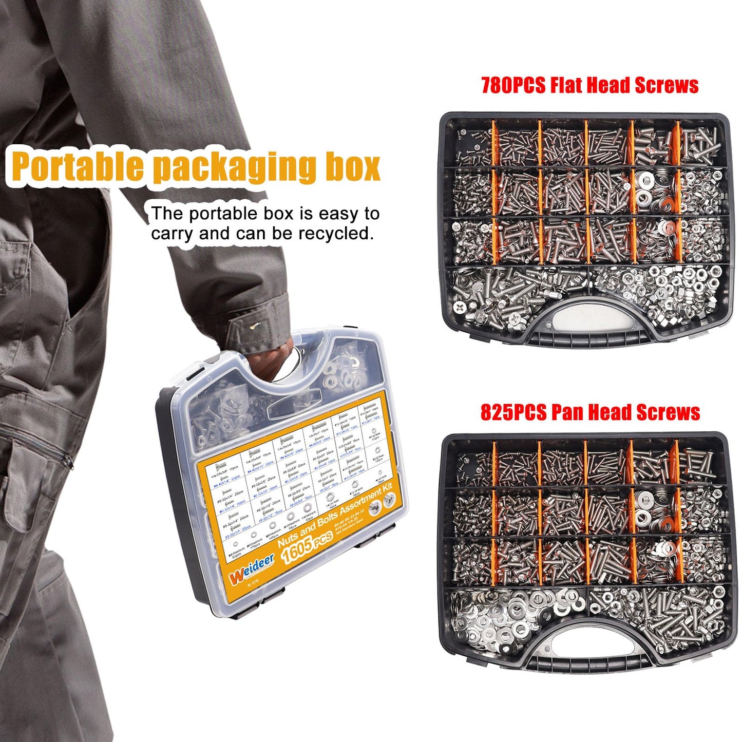 weideer 1605PCS Nuts and Bolts Assortment Kit, Stainless Steel Machine Screws,Phillips Pan Head and Flat Head Screws, Assorted with Nuts, Bolts,Washers,Portable Hand Box #4-40#6-32#8-32#10-24#1/4-20