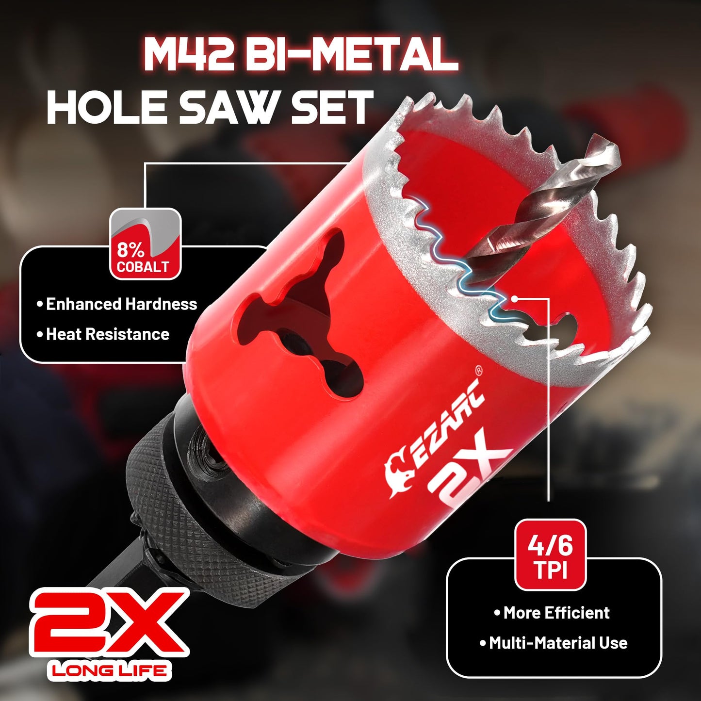 EZARC Hole Saw Kit, 16Pcs Bi-Metal Hole Saw Set with 3/4"-2-1/2"(19-64mm), Mandrels, Drill Bits, Installation Plate, Hex Key with Storage Case, Ideal for Wood, Metal, Plywood, PVC Board