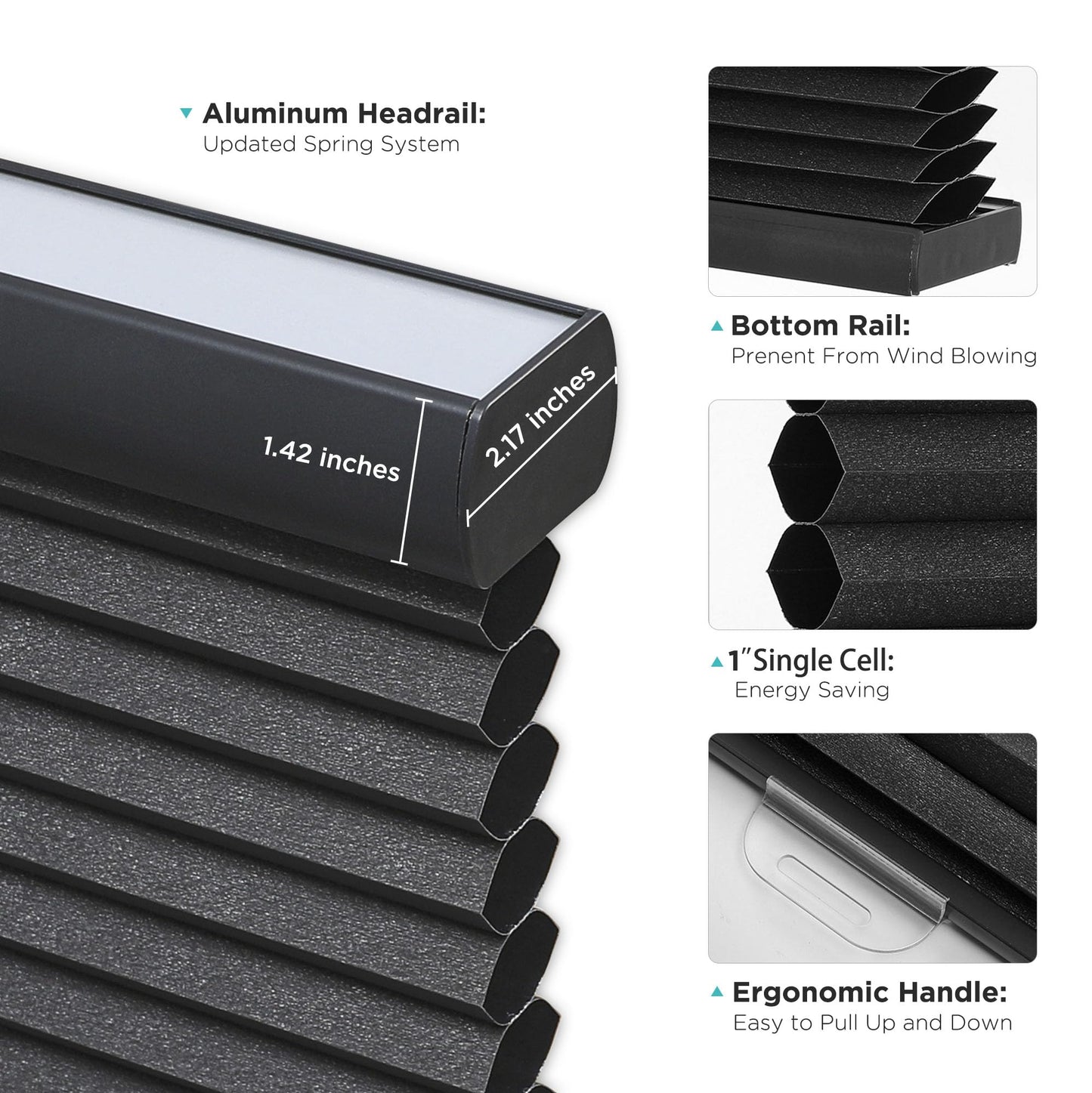 Joydeco Honeycomb Shades, Black Cordless Cellular Shades Blackout, Free-Stop Honeycomb Window Blinds for Bathroom, Bedroom, Living Room, Office, Kitchen (36" W x 64" H)