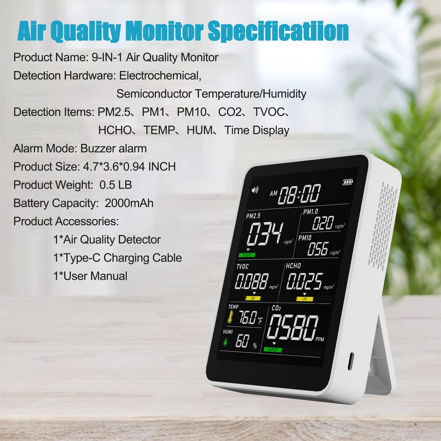 9-in-1 Professional Indoor Air Quality Monitor Indoor Portable PM2.5/PM10/CO2, Temperature, Formaldehyde Detector, Humidity TVOC,Time Display Air Quality Tester - Confined Space Clean Air Monitor