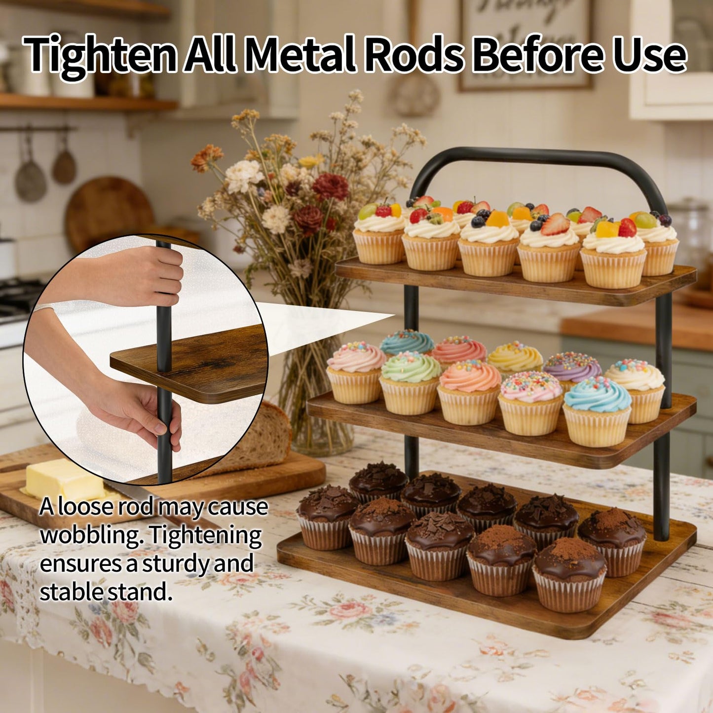 Cupcake Stand for 50 Cupcakes, 2 PACK 3 Tier Wooden Metal Cupcake Stand Reusable Cupcake Display Stand Tiered Tray Stand Dessert Table Display Set Serving Trays for Party Rustic Farmhouse Vendor