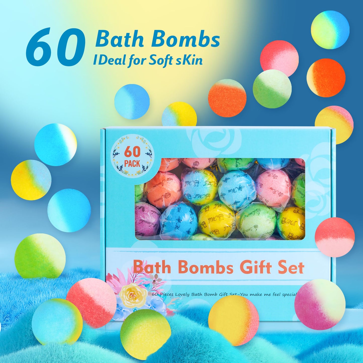 60 Pcs Bath Bombs Set - Massive Quantity Natural Bath Bombs for Kids/Women/Men Individually Wrapped Handmade Bath Bombs & Organic Bath Supplies Relaxing Kit - for Birthday, Christmas, Mother's Day