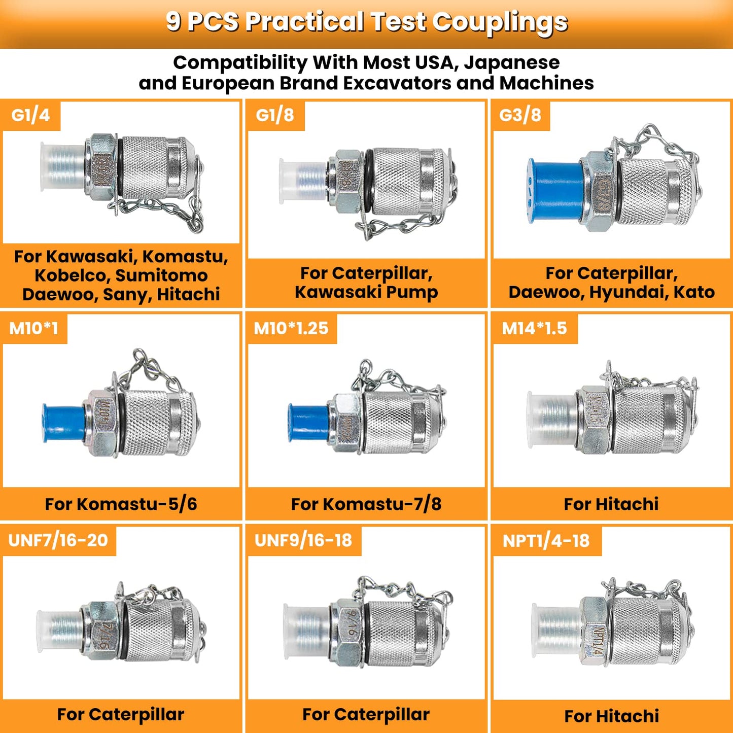 70M Digital Hydraulic Pressure Test Coupling Kit Hydraulic Pressure Gauge Kit for Excavator Construction Machinery 2 Gauges 2 Test Hoses 11 Couplings 700BAR/10000PSI/70Mpa