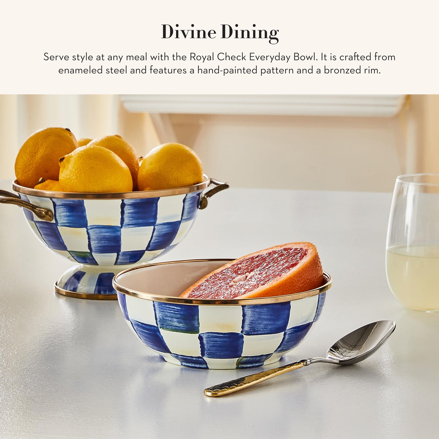 MACKENZIE-CHILDS Enamel Everyday Bowl, Serving Bowl for Entertaining, Extra Small, Blue-and-White Royal Check