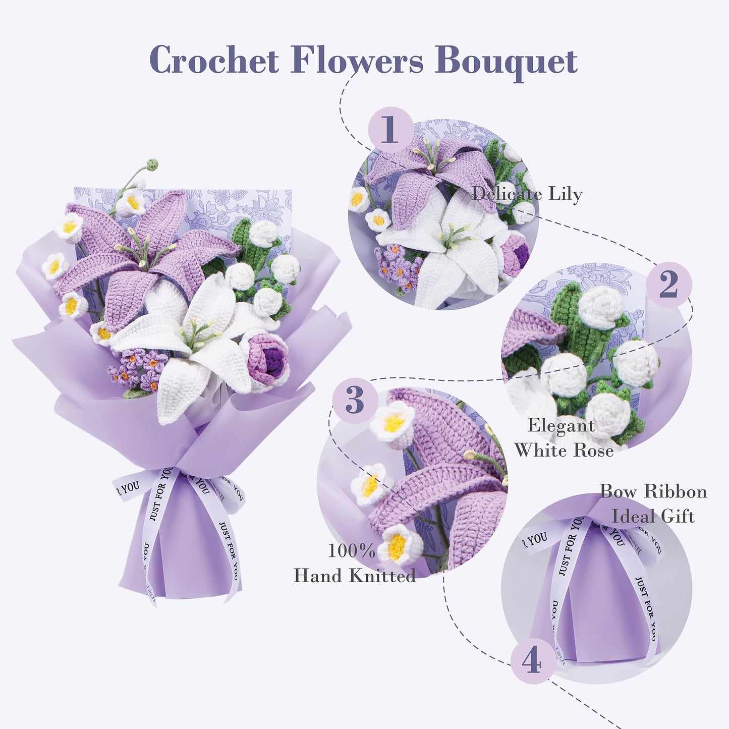 EZsenses Crochet Flower Bouquet, Handmade Knitted Lily Faux Crochet Flowers for Home Decor Valentines Day Anniversary Weddings Birthdays Mother’s Day, Includes Gift Bag and Greeting Card (Lily)