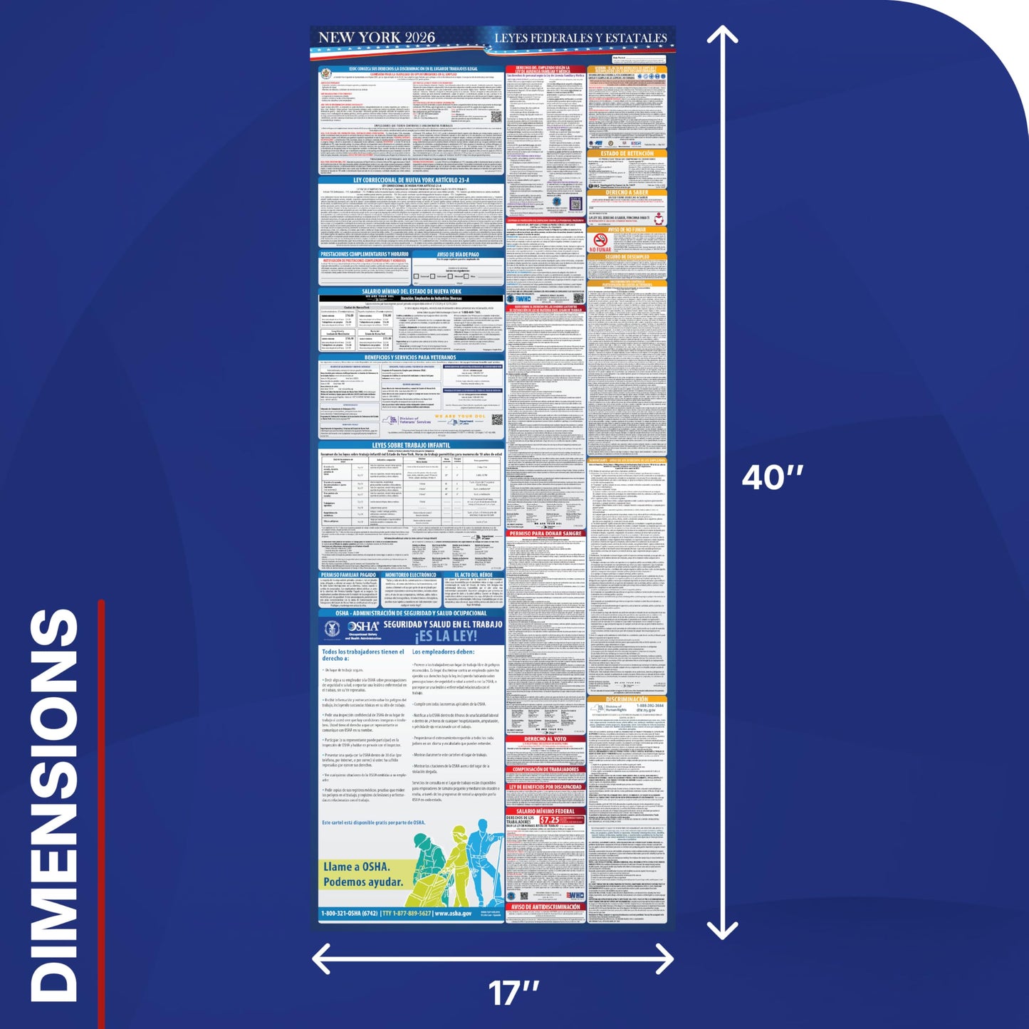 2026 New York State and Federal Labor Law Poster - English Spanish Combo - OSHA Workplace Compliant - Mandatory Regulations Posting for Employees - Required Compliance Posting 17" x 40" Laminated (English Spanish Combo)