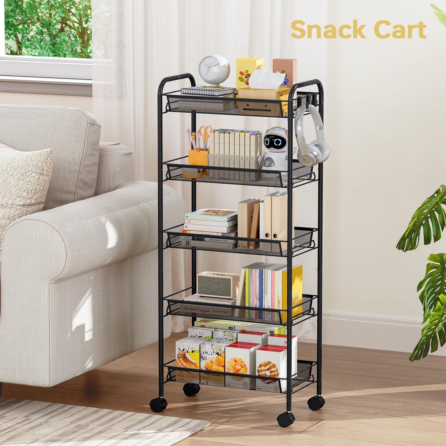 TOOLF 5-Tier Metal Utility Cart with 3 Hooks, Easy Assemble Mobile Storage Trolley On Wheels, Metal Shelving Units Kitchen Bathroom Laundry Room