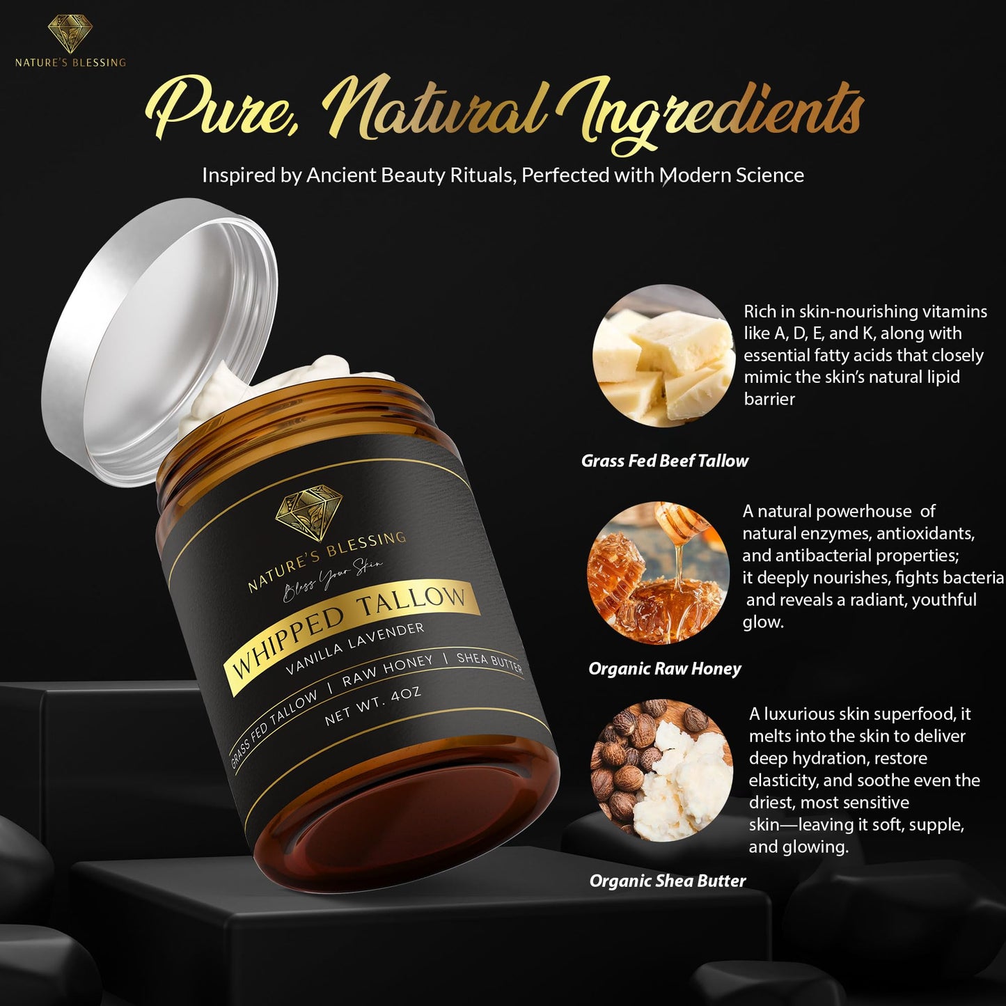 100% Grass Fed Beef Tallow for Skin Infused with Organic Honey, Organic Shea Butter - Organic Vanilla Lavender Scented - Collagen Booster - 100% Natural Skincare - Deep Moisturization - PATENT PENDING