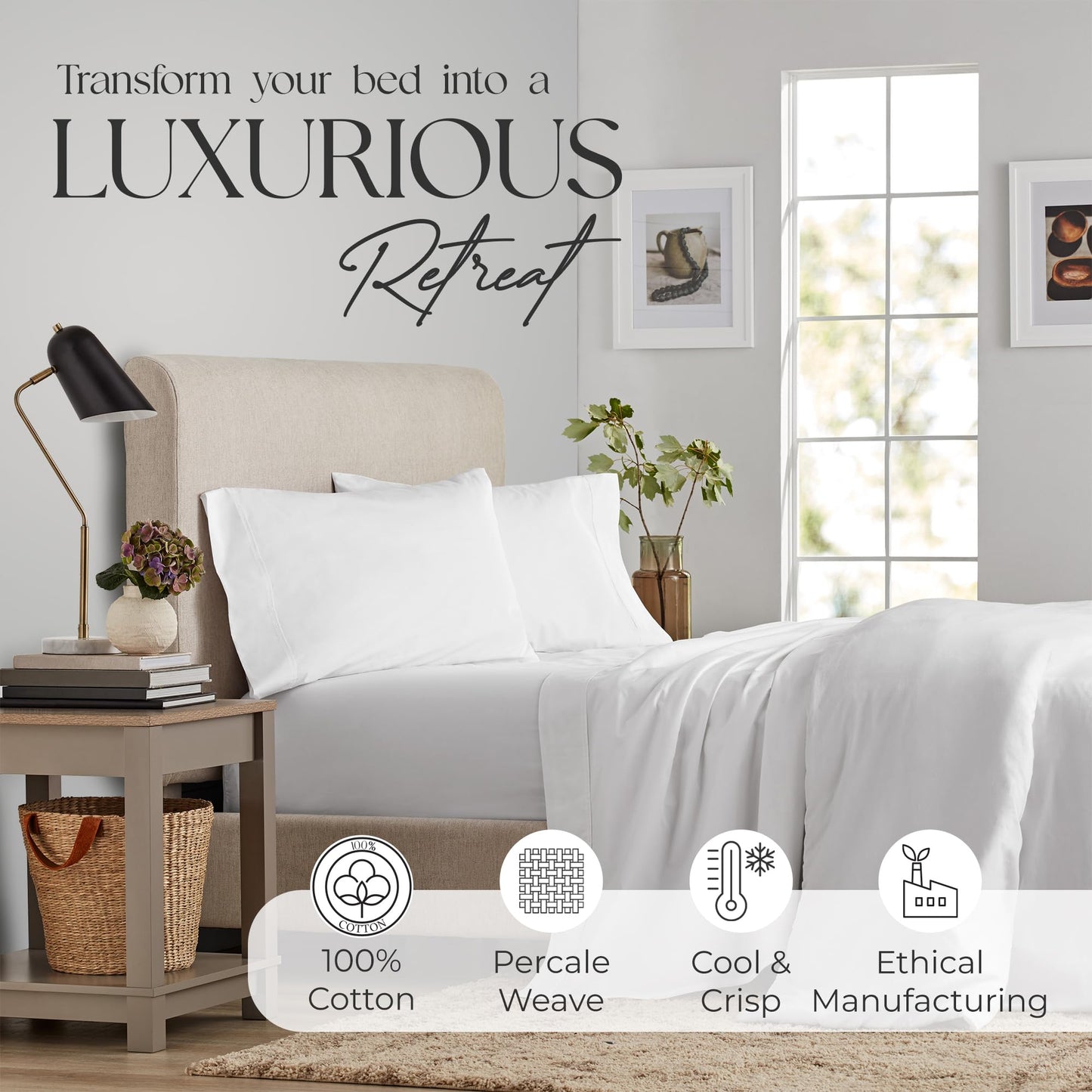 SUPREME ELEGANCE 100% Cotton Queen Sheets, White – 400 Thread Count Percale Weave, Cooling, Hotel Luxury, Deep Pocket Bed Sheet Set