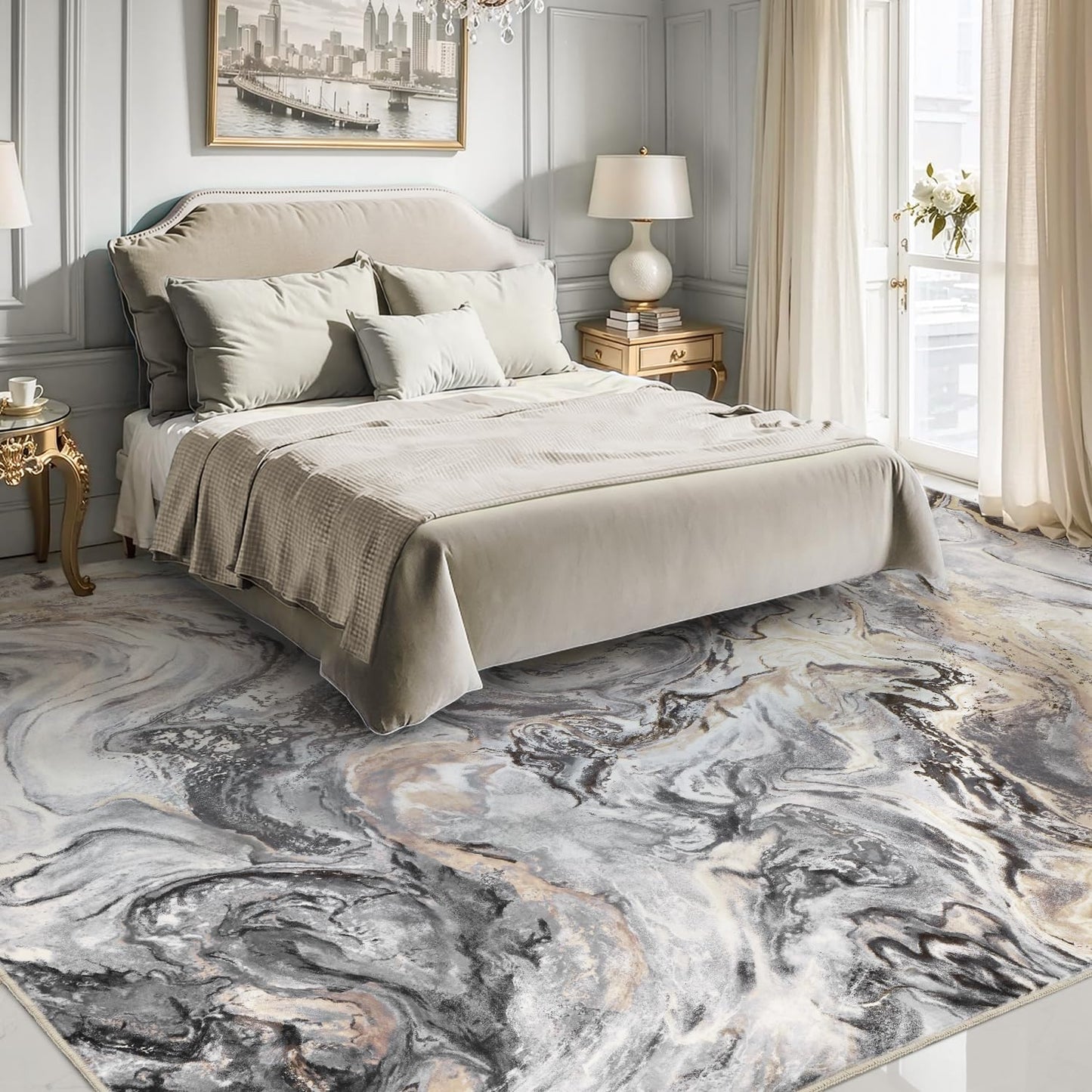 5x7 Area Rugs for Living Room, Modern Abstract Rug for Bedroom, Cream and Grey Machine Washable Rug, Large Stain Resistant Carpet for Dining Room Playroom Home Office, Pet & Kids Friendly