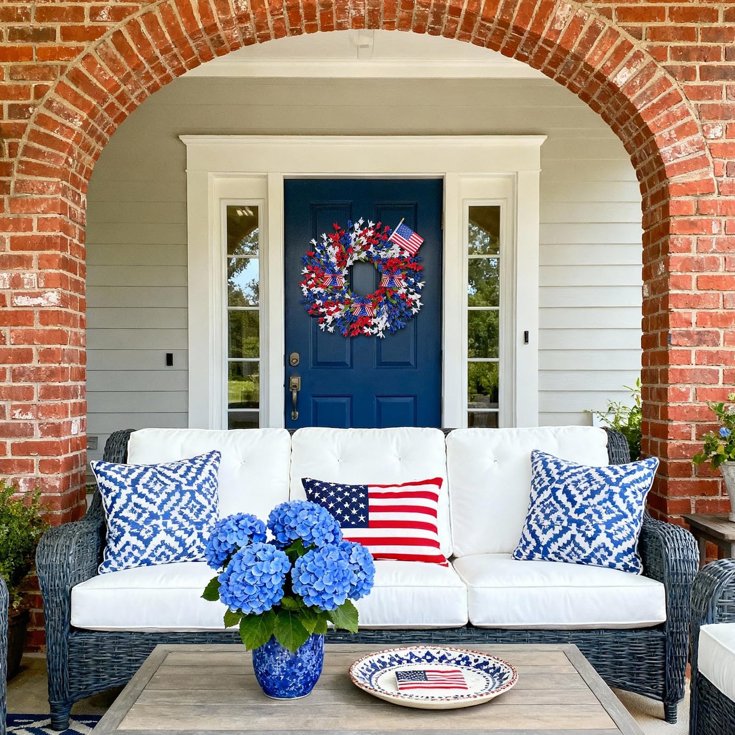 GTIDEA 24'' Patriotic Wreaths for Front Door, American 4th of July Wreath on Grapevine with Red White and Blue Forsythia Flag Bowknot Summer Wreaths for Home Wall Memorial Day Independence Day Decor