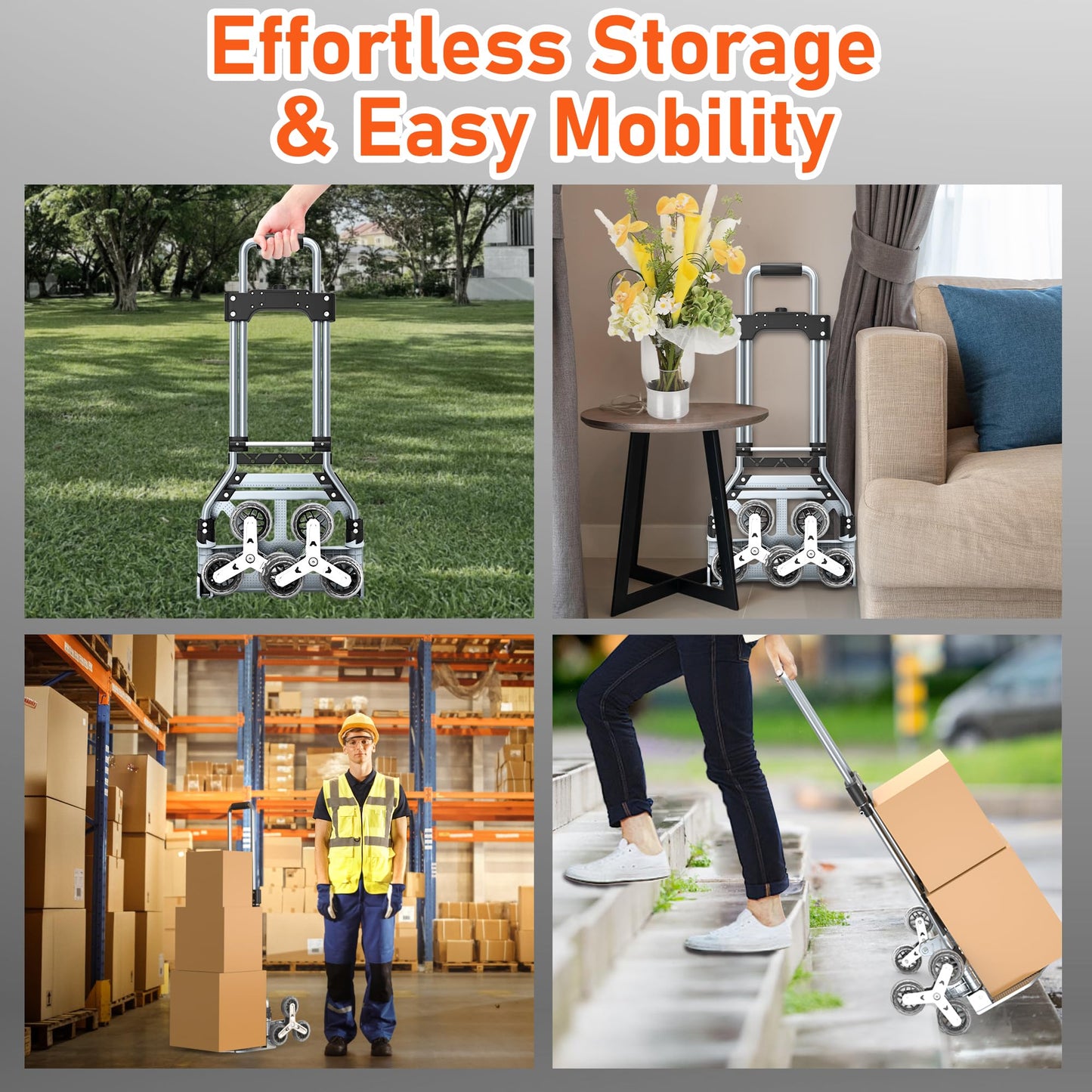 Stair Climbing Cart, 220 LBS Aluminum Stair Climber Dolly, Heavy Duty Folding Hand Truck Dolly with 6 Wheels, Telescoping Handle and Elastic Rope for Home, Moving, Groceries, Warehouse